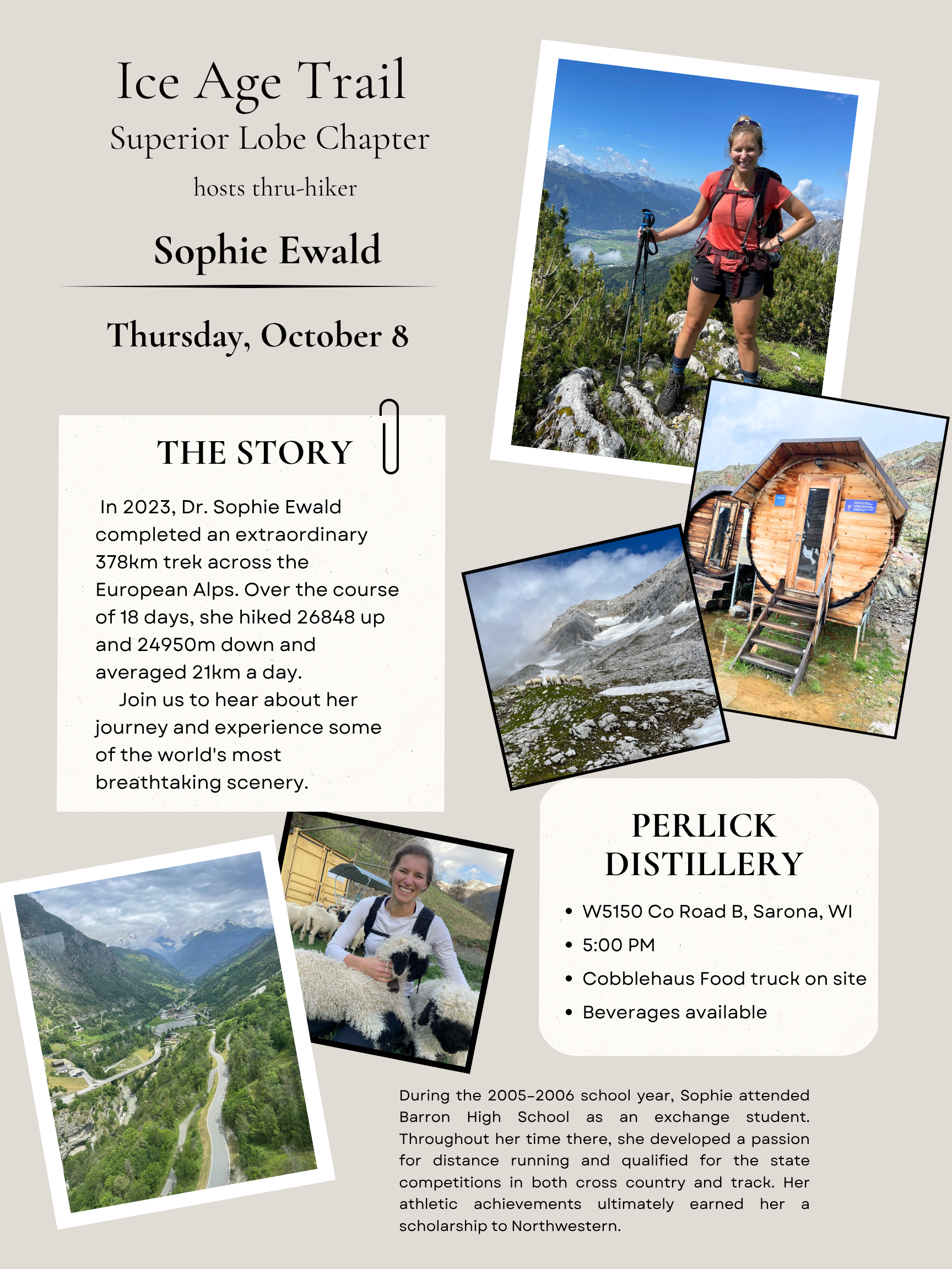 Ice Age Trail Event poster featuring images of mountains and a woman hiking with a scenic mountain view, and a wooden cabin at Perlick Distillery, with details about a talk by Sophie Ewald on October 8, 2026.