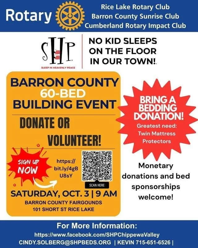 Flyer for Barron County 60-bed building event, Saturday, October 3rd at 9 AM at the Barron County Fairgrounds in Rice Lake. Includes Rotary Club logos, a Sleep in Heavenly Peace logo, and a red starburst with a Bed Donation call to action. Features a QR code for sign-up and contact information for more details.