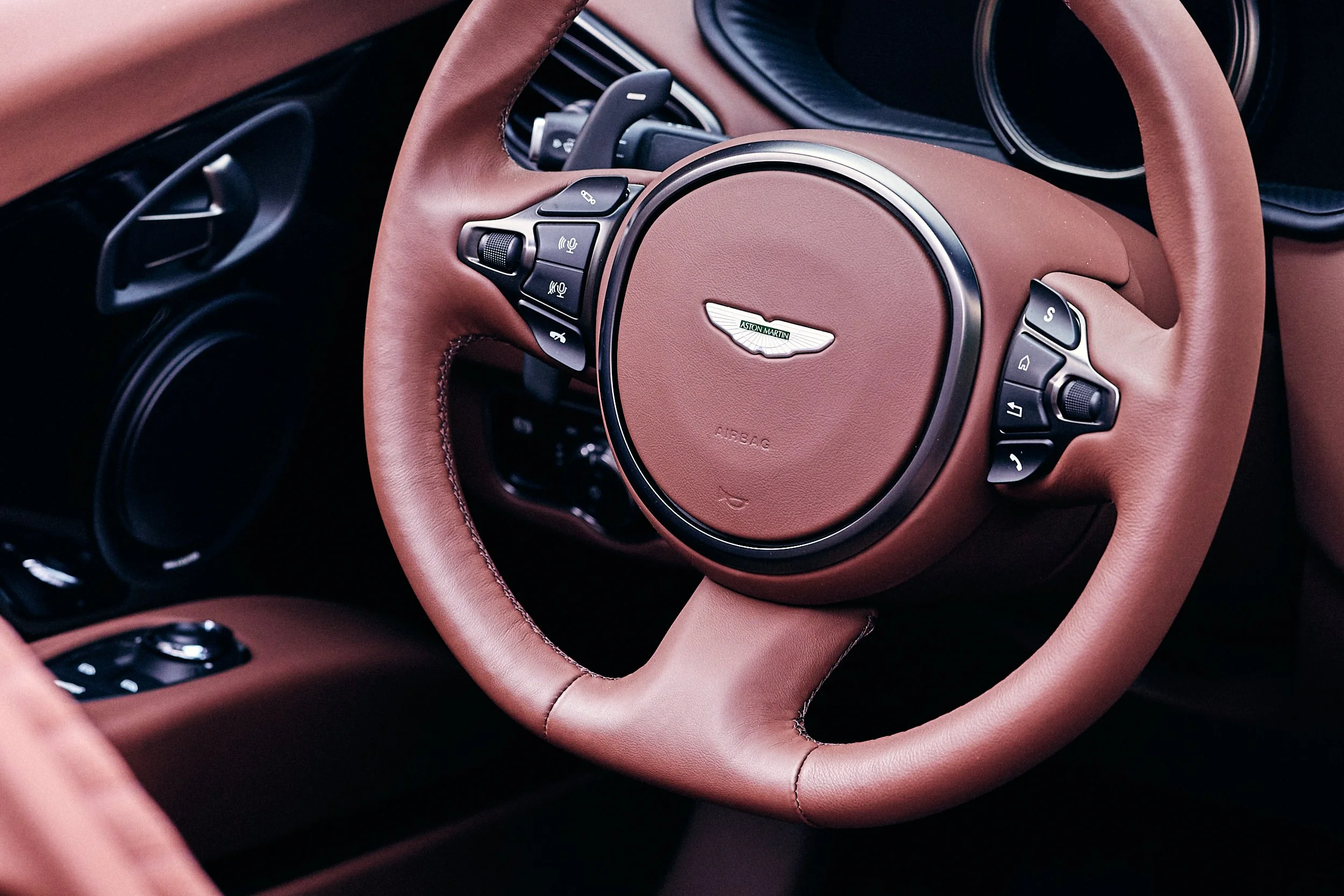Close-up of an Aston Martin Vanquish interior dash