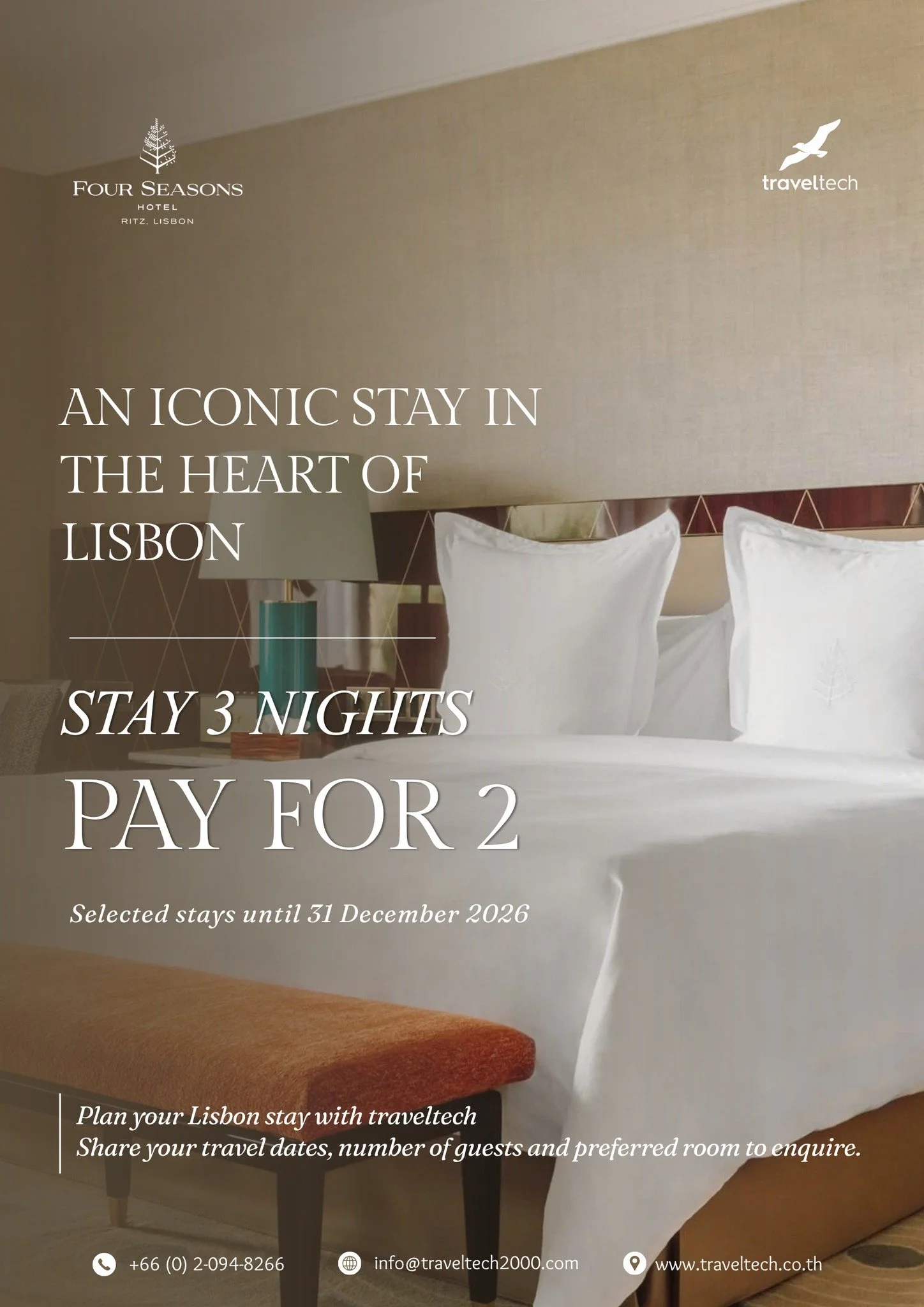 Stay Longer, Experience More at Four Seasons Hotel Ritz Lisbon
.
Enjoy the luxury of having more time to experience Lisbon. Stay three consecutive nights at Four Seasons Hotel Ritz Lisbon and pay for only two &ndash; giving you an additional day to e