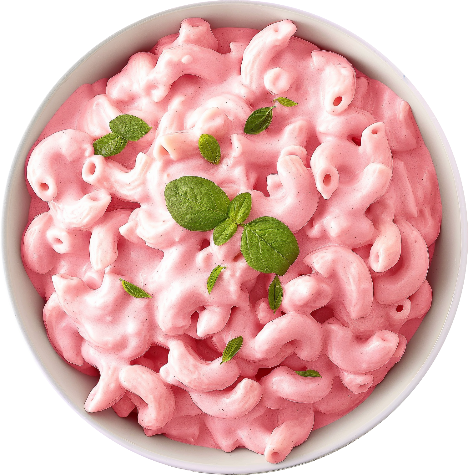 Bowl of macaroni salad with pink creamy dressing and garnished with fresh basil leaves.