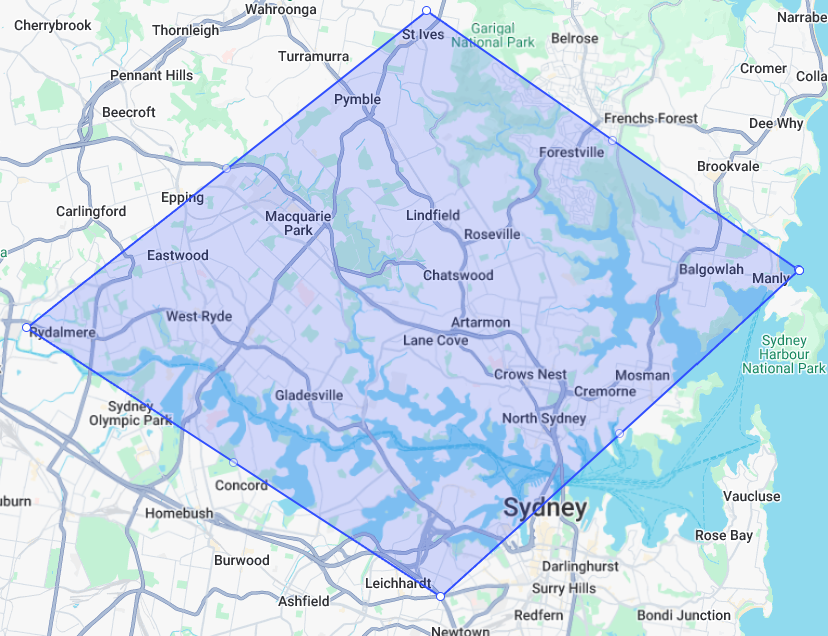 Map of Sydney, Australia, showing city boundaries and surrounding suburbs with highlighted waterways and parks.