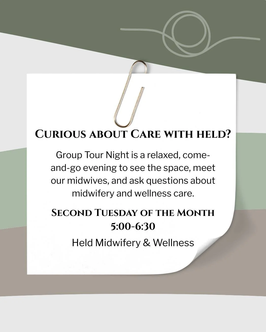 Curious about care with Held?

Group Tour Night is this evening. It&rsquo;s a calm, come-and-go space to see the birth center, meet our midwives, and learn more about midwifery and wellness care.

Whether you&rsquo;re trying to conceive, planning for