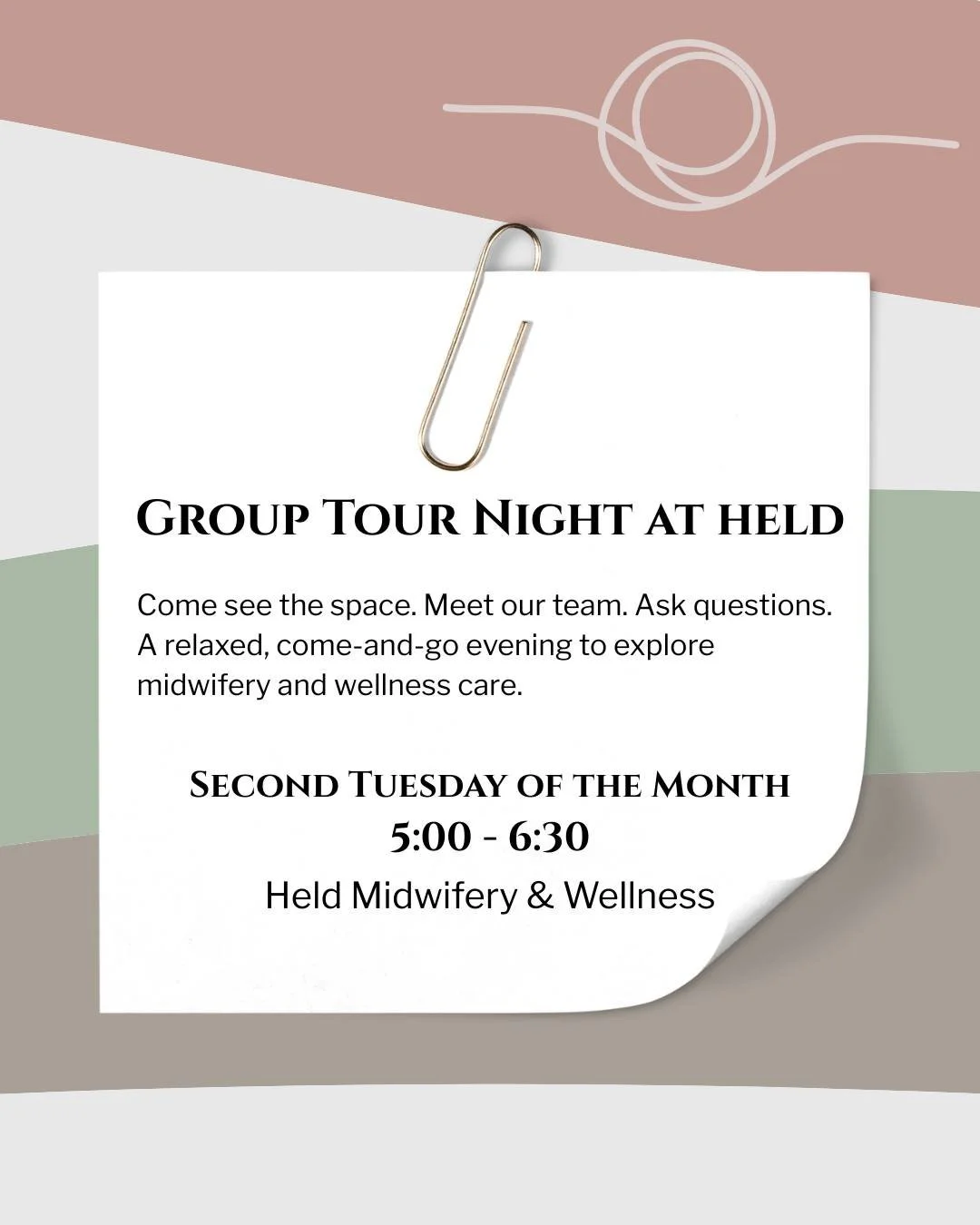 Lots of fun things are happening this week! Our monthly Group Tour Night is coming up! It happens on the second Tuesday of each month, and we&rsquo;d love to have you join us.

This is a relaxed, come-and-go opportunity to step inside Held Midwifery 