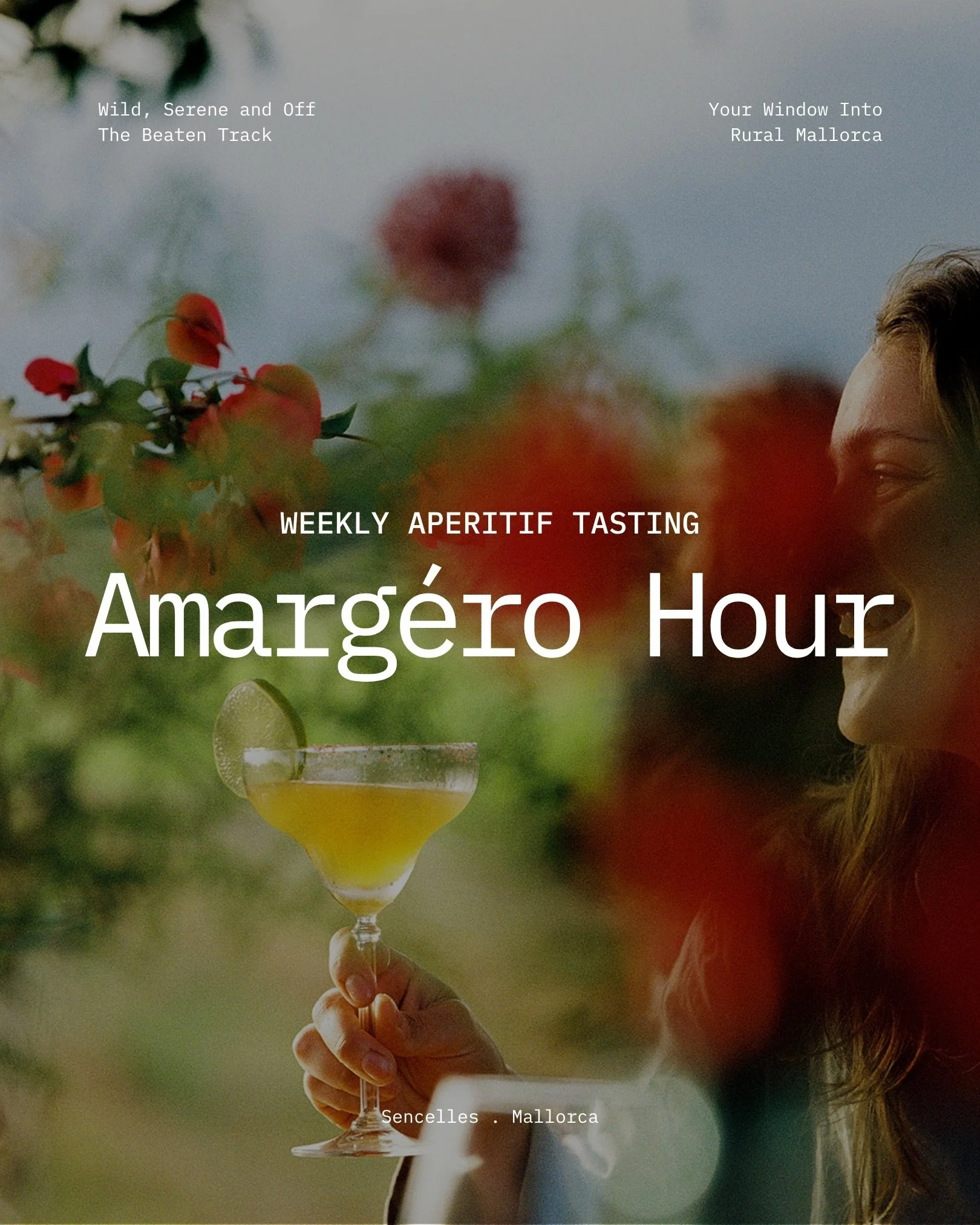 As the sun dips behind the Tramuntana, the farm slows down and the glasses come out.

Every Sunday we throw open our gates for Amargero Hour, our weekly aperitif tasting, named after the natural bitter orange aperitif we grow.

Pull up a chair, try a
