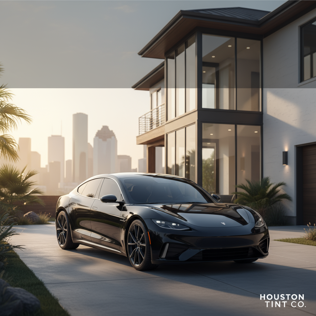 A sleek black luxury car parked in front of a modern house with large glass windows and a city skyline in the background during sunset.