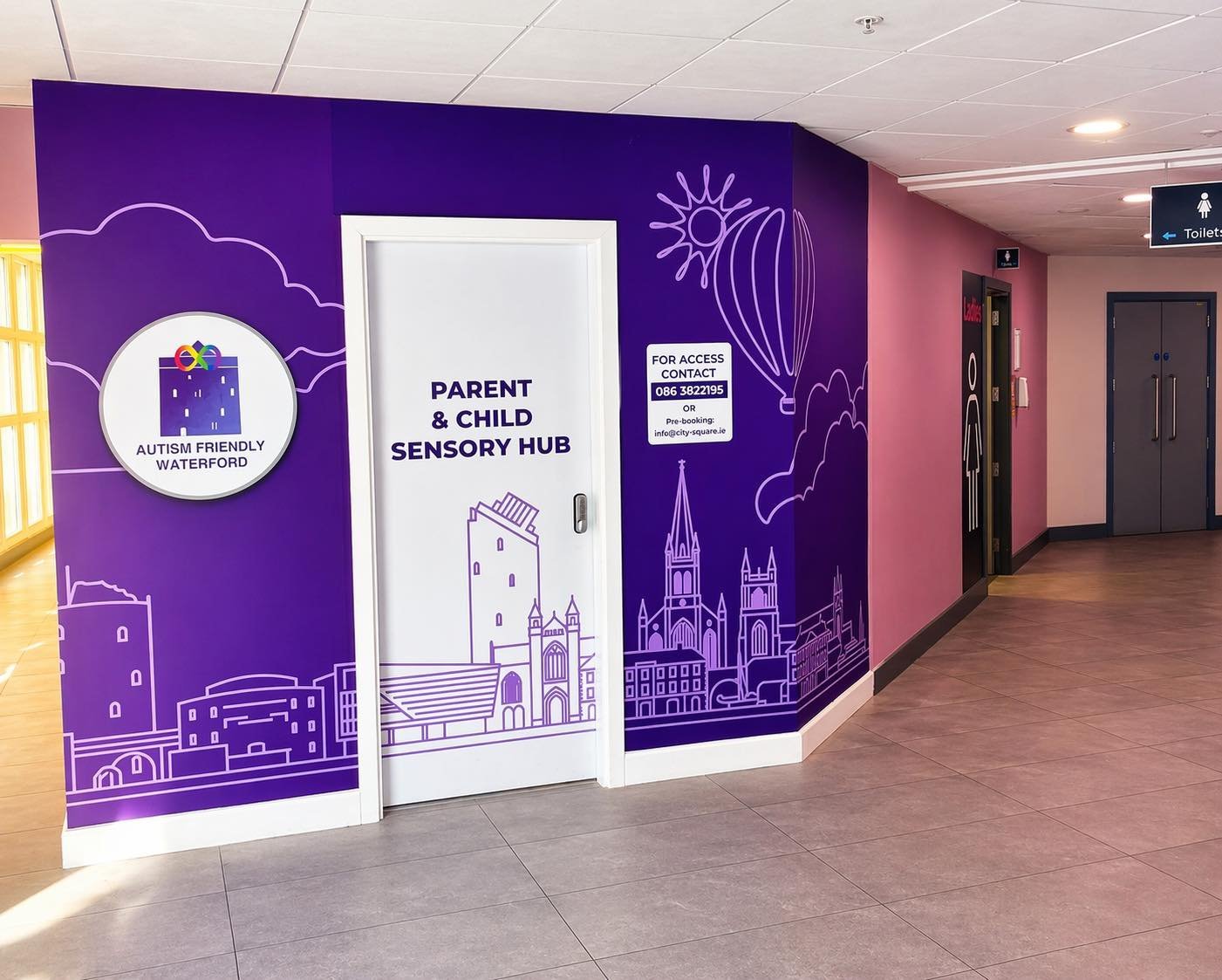 Wide view of the Parent and Child Sensory Hub entrance corridor located inside City Square Shopping Centre, Waterford.