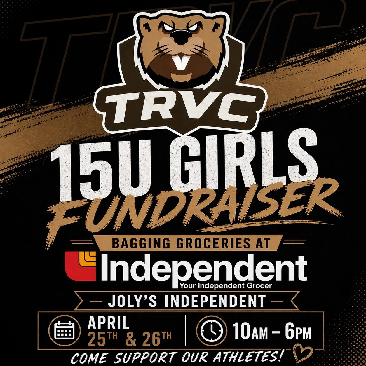 Drop by Joly&rsquo;s Independent Grocer this weekend and support our 15U girls as they bag groceries! We&rsquo;d love to see you there! 🤎💚