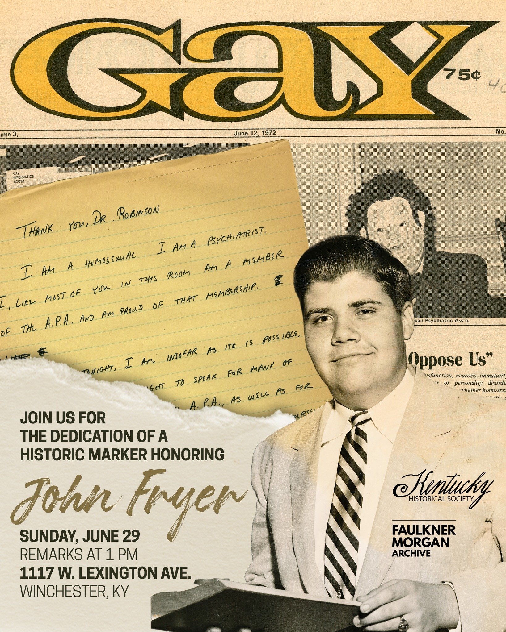 New LGBTQ Historic Marker to be unveiled in Winchester, KY!! 💛

Join us on Sunday, June 29 at 1pm as we dedicate this historic marker to LGBTQ activist and icon John Fryer! Dr. Jonathan Coleman will be providing remarks on Fryer's legacy and the imp