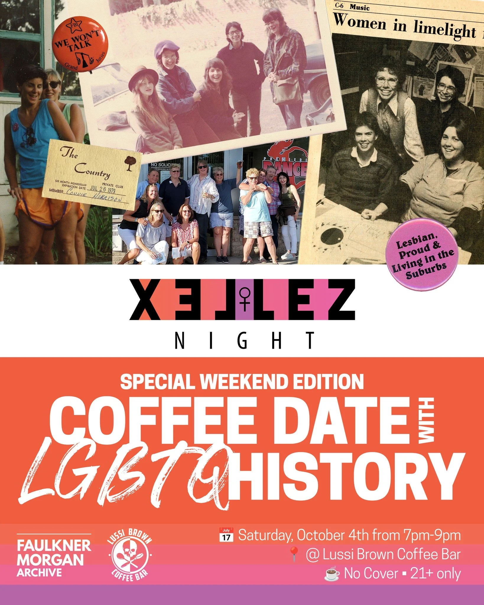 Join FMA on Saturday, October 4 for a special weekend edition of Lex Lez Night, celebrating lesbian history!!! 🏳️&zwj;🌈🏳️&zwj;⚧️

First, stop by Lussi Brown Coffee Bar, grab coffee or a cocktail, and chat with us to learn more about our organizati