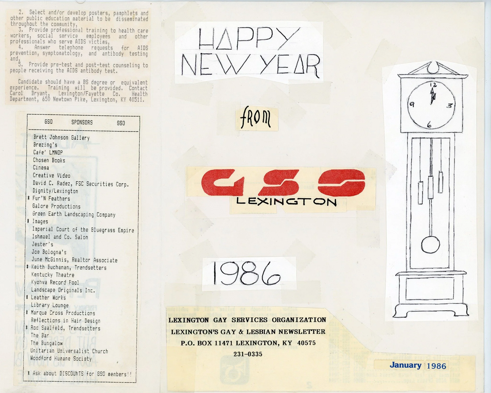 Happy New Year! 🥳 Check out this cover of the Gay Service Organization's newsletter from January 1986!

From 1979 to the 2010s, GSO (now the Lexington Pride Center) provided this physical newsletter free of charge to Lexington's LGBTQ community. On 