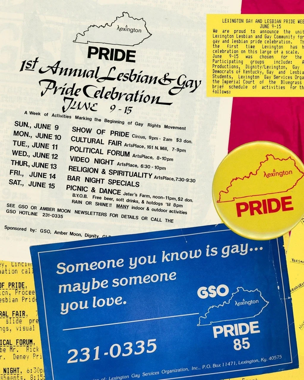 Organized by the Lexington Gay Services Organization (now the Lexington Pride Center), Lexington Pride Week 1985 was described as Lexington's first major Lesbian and Gay Pride Celebration. 🎉🥳 Events were scheduled each day throughout Central Kentuc