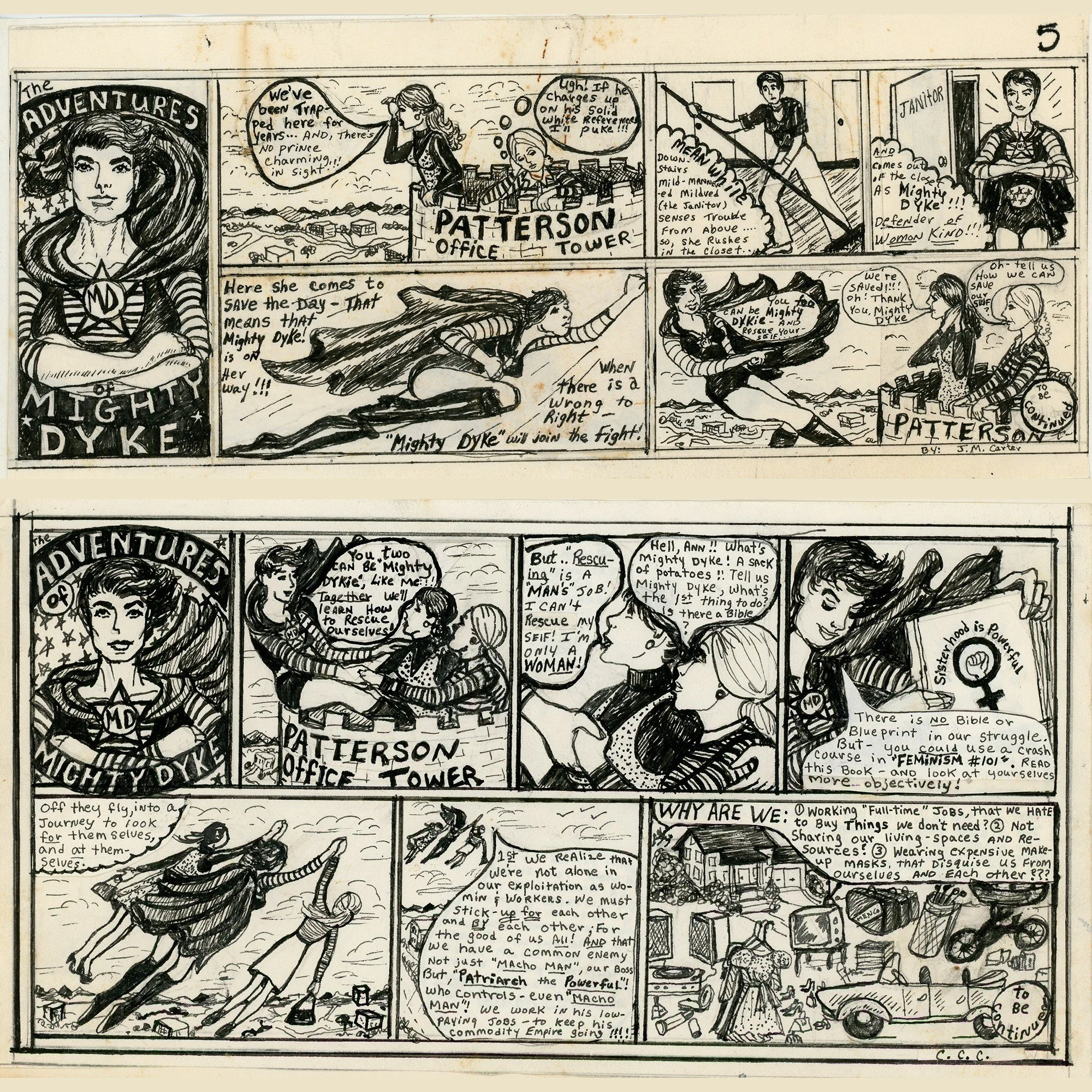 Did someone call for a lesbian superhero? 🦸&zwj;♀️ Check out these hand-drawn comics from Womin Energy, a Lexington-based lesbian newsletter published from April 1977 to June 1979! "Mighty Dyke" can be seen saving the day by rescuing two w