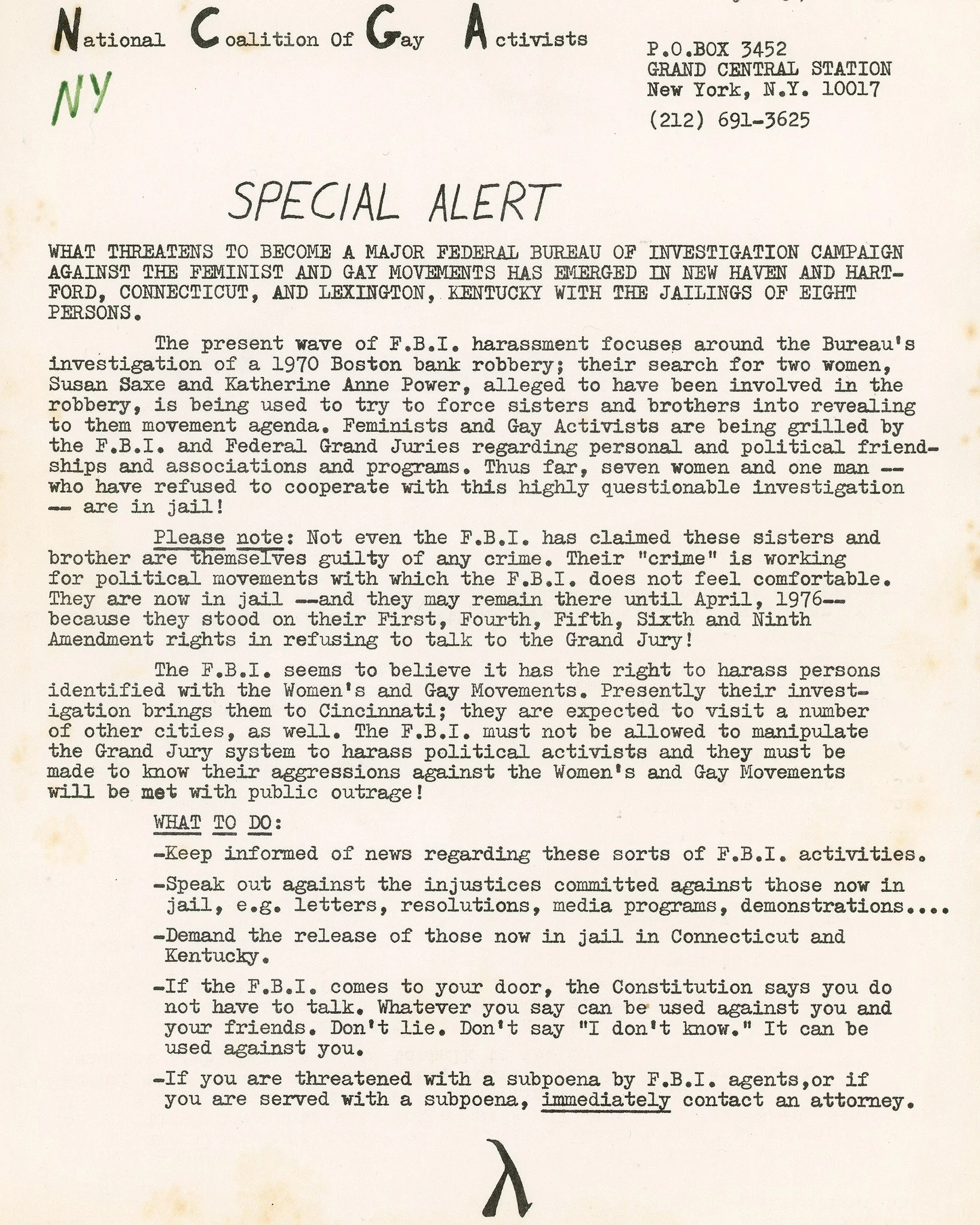 In 1975, the FBI began to harass, interrogate, and even out lesbian women throughout Lexington. After the arrival, and quick departure, of Susan Saxe and Katherine Powers (two FBI fugitives), the FBI cracked down on Lexington's lesbian community. Alt