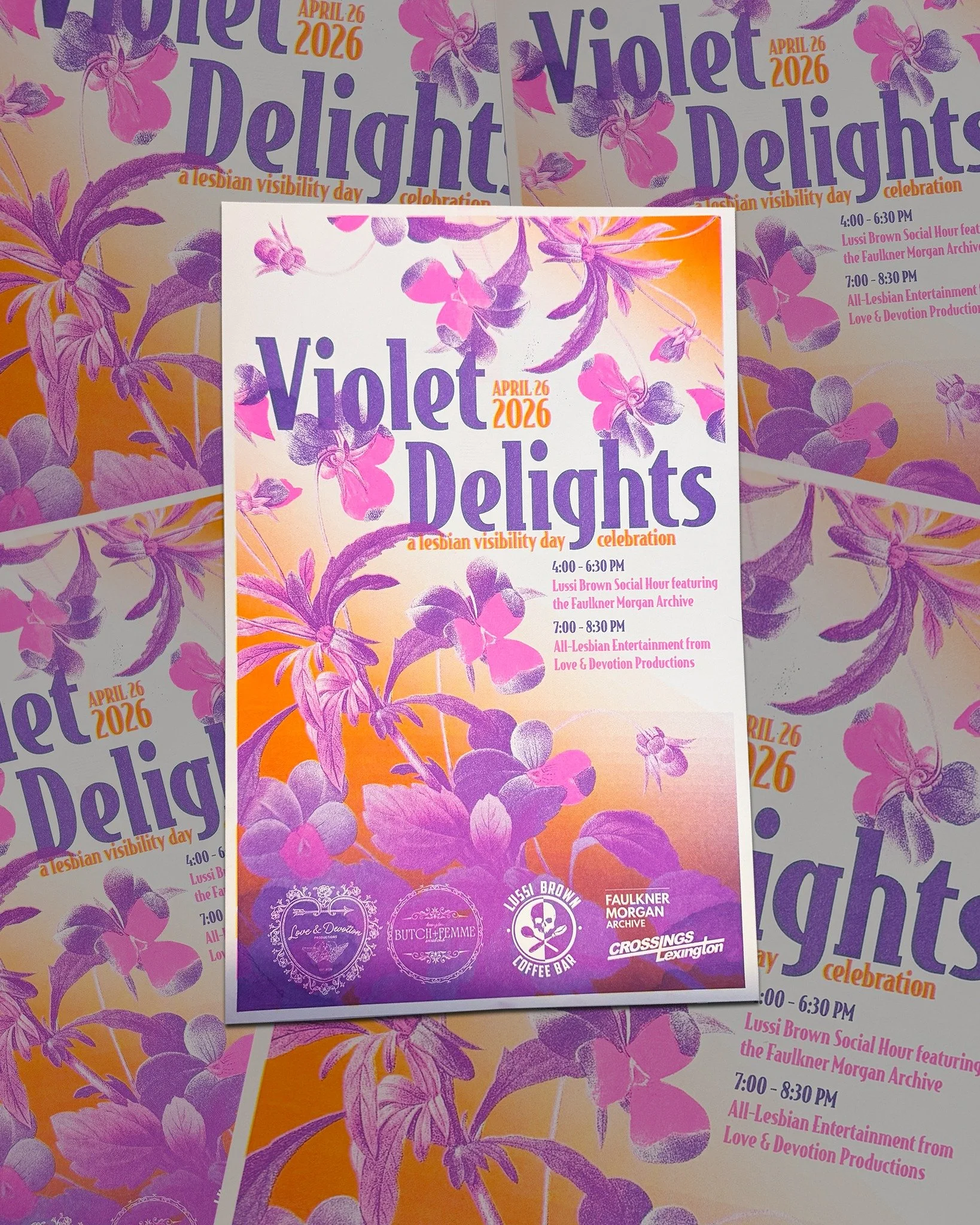 Wanted to buy a Violet Delights event poster but didn't get around to it? Good news! There are still some available! 💜🩷🤍🧡💛

For just $20, you can have your own piece of local lesbian history with a LIMITED EDITION risograph printed 11&rdquo;x17&