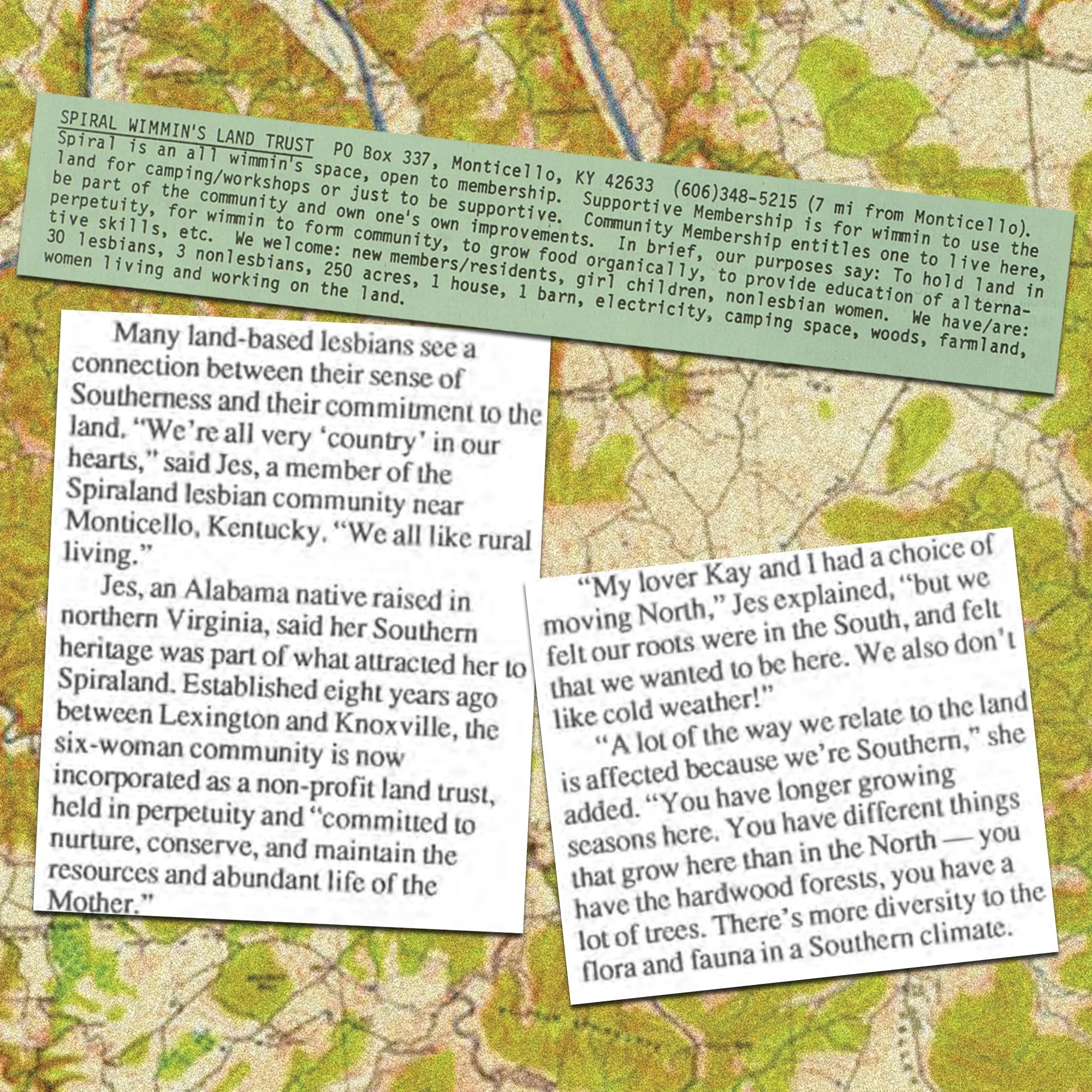 Established in the late 1970s, Spiraland Lesbian Land Trust (or SPIRAL) was a rural lesbian commune in Monticello in Wayne County in the south-central part of Kentucky. It was described as a important Southern space for women to live together and for