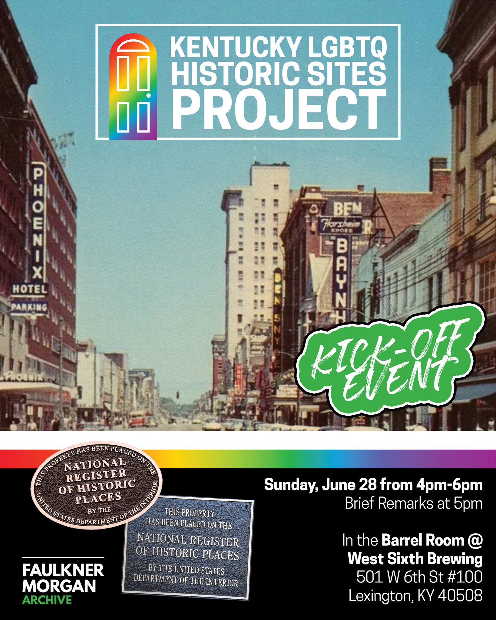 Join us as we kick off our NEW Kentucky LGBTQ Historic Sites Project! 

📅Sunday, June 28 from 4pm-6pm
🕓Brief Remarks at 5pm
🍻Barrel Room @ West Sixth Brewing
📍501 W 6th St #100, Lexington, KY 40508

Help the Faulkner Morgan Archive identify LGBTQ