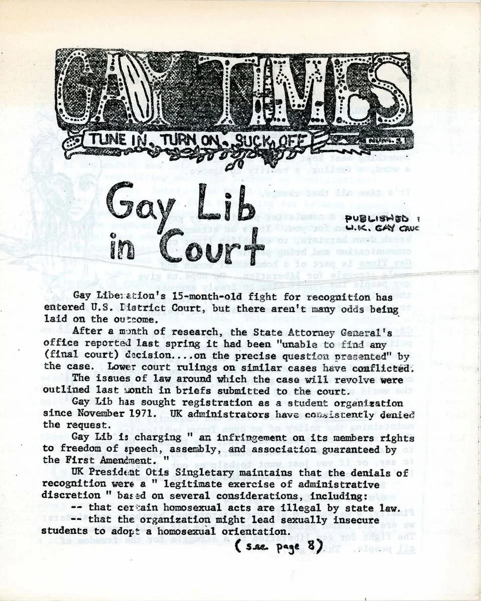 With UK students moving in this week, we thought it was the perfect opportunity to showcase the first LGBTQ group at the university!

In 1970, students from the University of Kentucky formed the "Gay Liberation Front" (GLF). In November of 