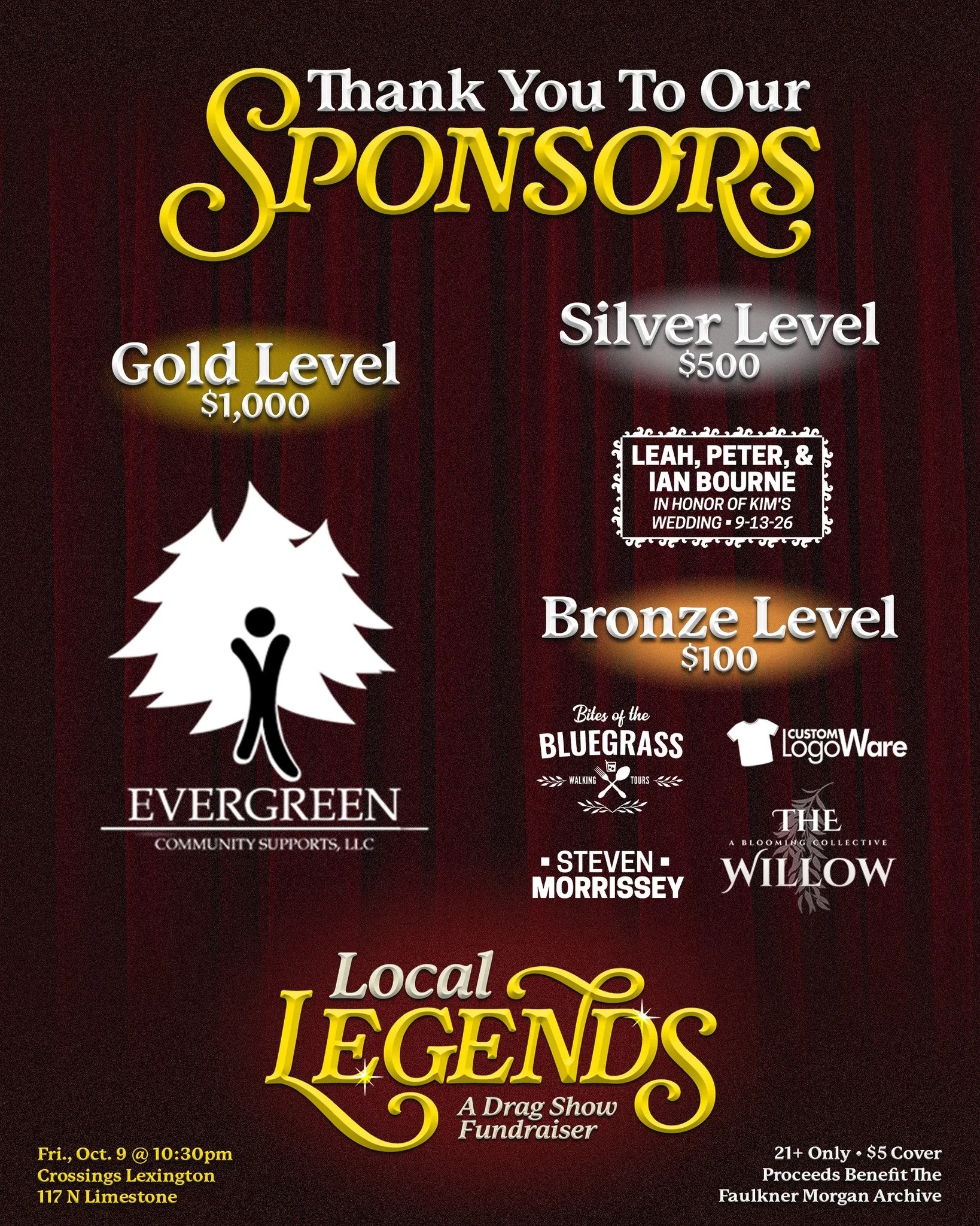 Everyone give it up for our incredible sponsors for "Local Legends!" 📣🎉 We are so grateful for their support of FMA and our mission of sharing Kentucky's LGBTQ history! 🌈

🥇 Evergreen Community Supports, LLC
🥈 Bourne Bookkeeping
🥉 @cu
