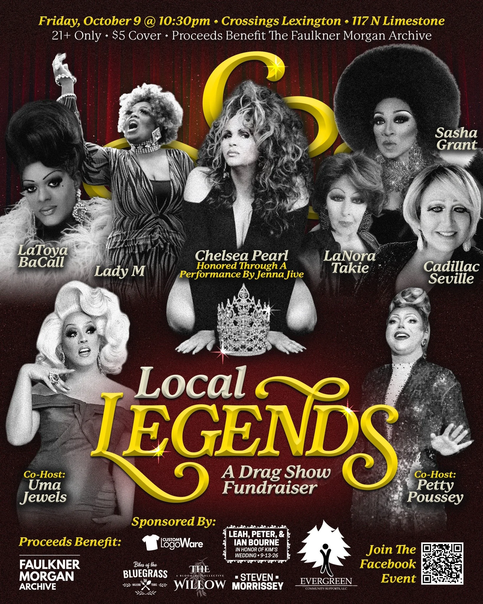TONIGHT!! Join us as we honor some of Kentucky&rsquo;s drag legends, celebrate LGBTQ History Month, and raise money for the Faulkner Morgan Archive! 

📅 Friday, October 9 @ 10:30pm
🪩 Crossings Lexington
📍 117 N Limestone
✨ 21+ Only &bull; $5 Cover
