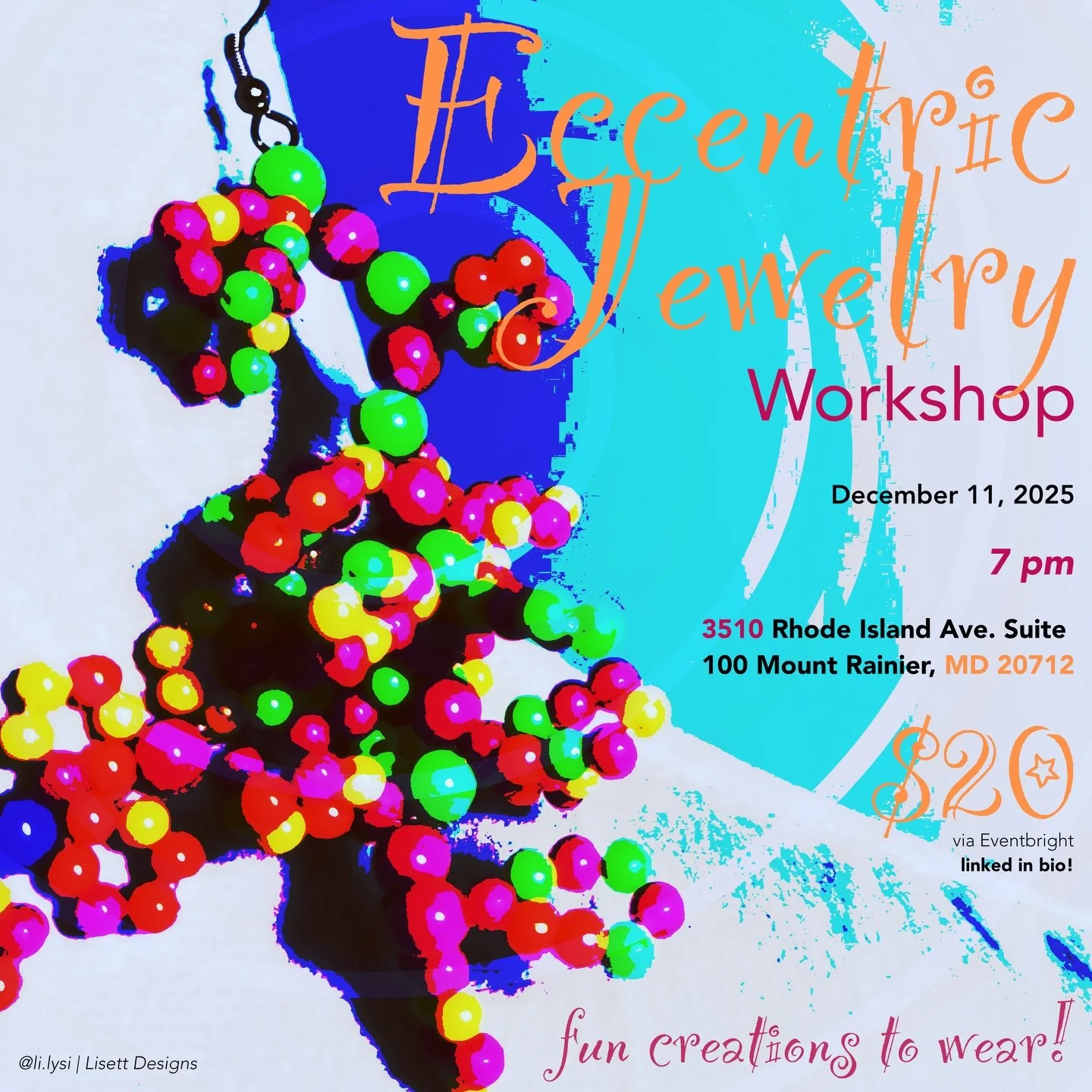 Join @li.lysi for a cool evening of jewelry making!

&bull; Create intricate designs with elastic
&bull; Learn 3 variations of patterns to make chokers, bracelets, rings, or earrings
&bull; Fun designs for any outfit, event or occasion
&bull; Perfect