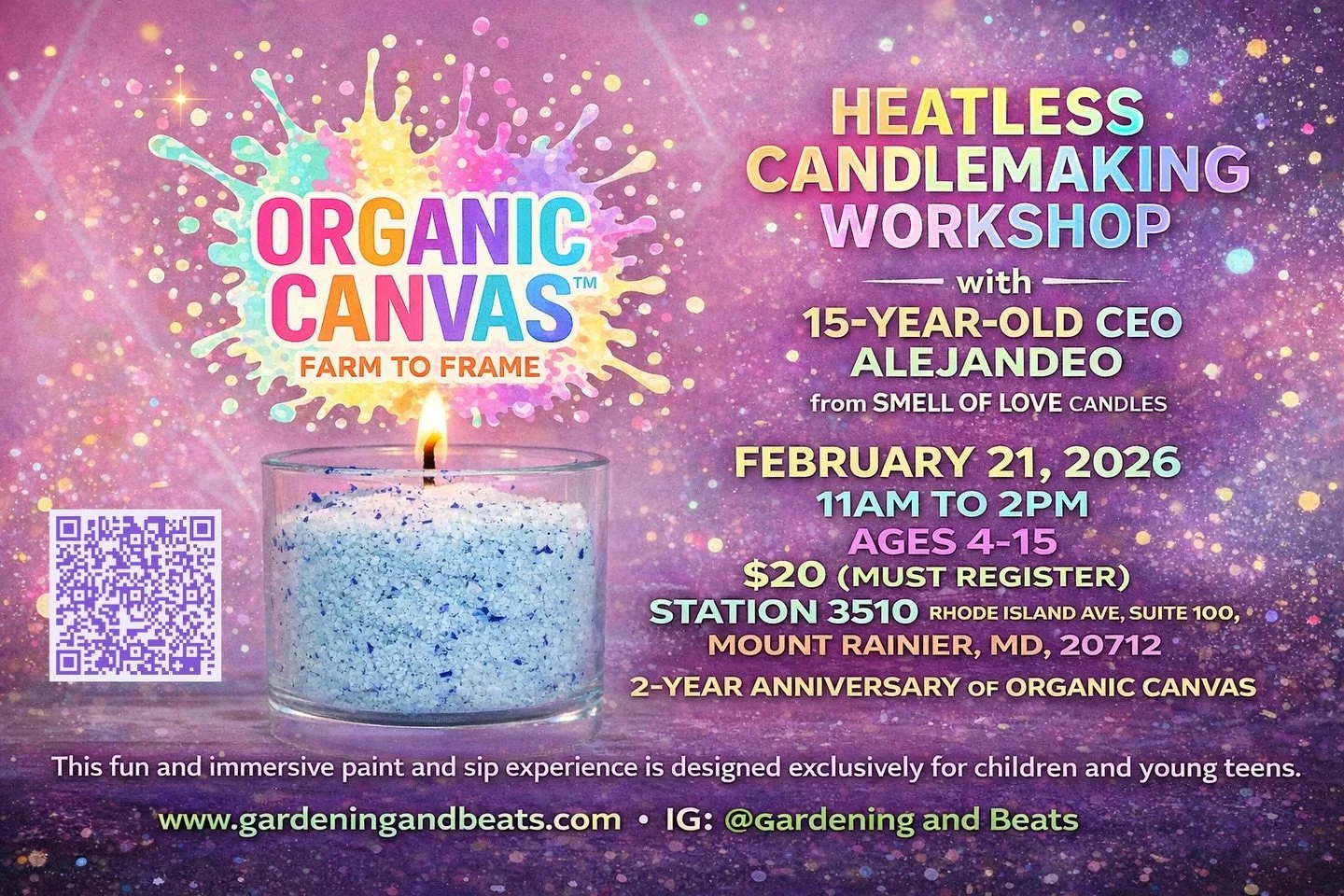 Join @gardeningandbeats on Saturday, February 21st | 11am - 2pm as they celebrate two amazing years of Organic Canvas&trade;, with a heatless candle-making workshop designed for and led by young people!

The day features a HEATLESS CANDLEMAKING WORKS
