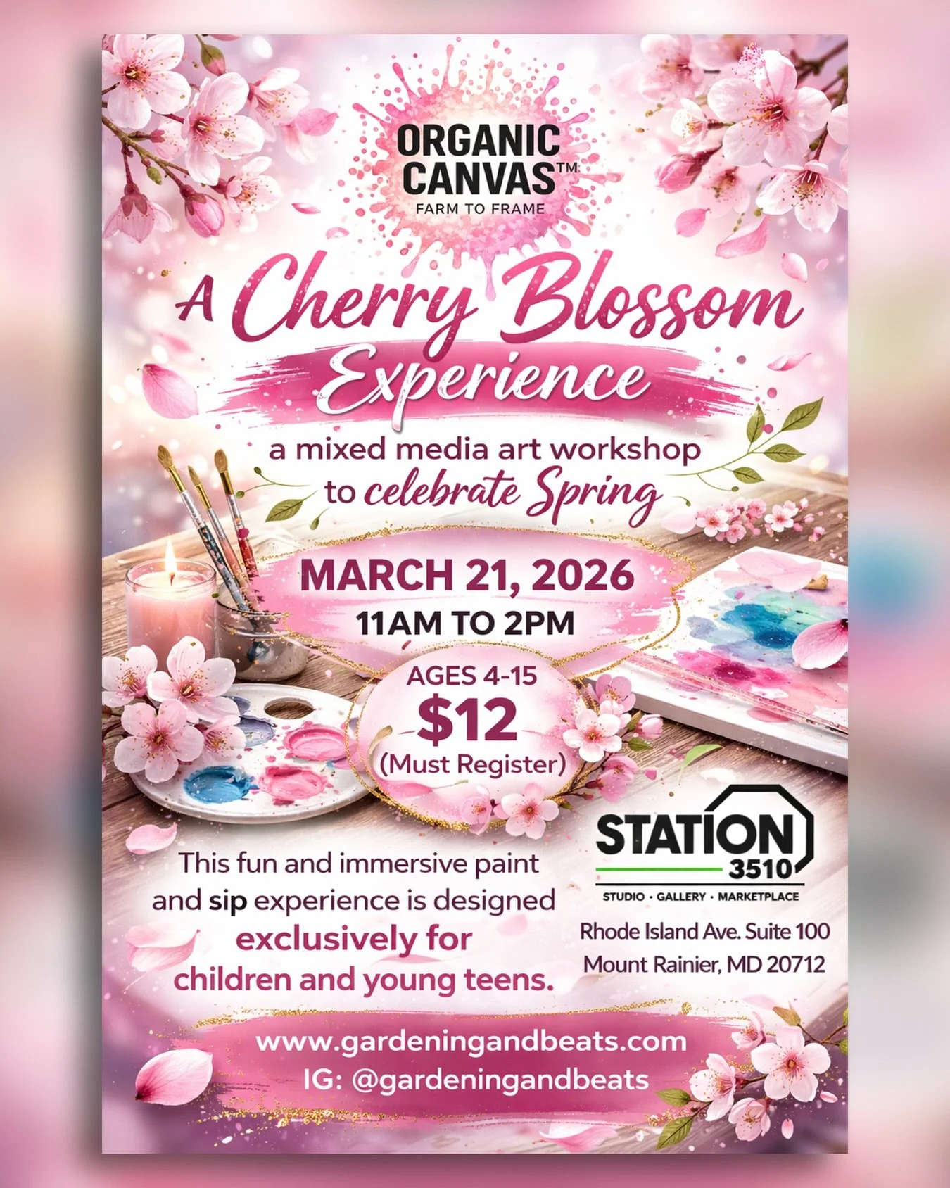 It is Cherry Blossom season, and @gardeningandbeats is bringing you a full Cherry Blossom Experience as we welcome Spring 2026.

Young artists will create a beautiful mixed-media art piece on a hexagon canvas, using cherry blossoms, petals, sticks, a