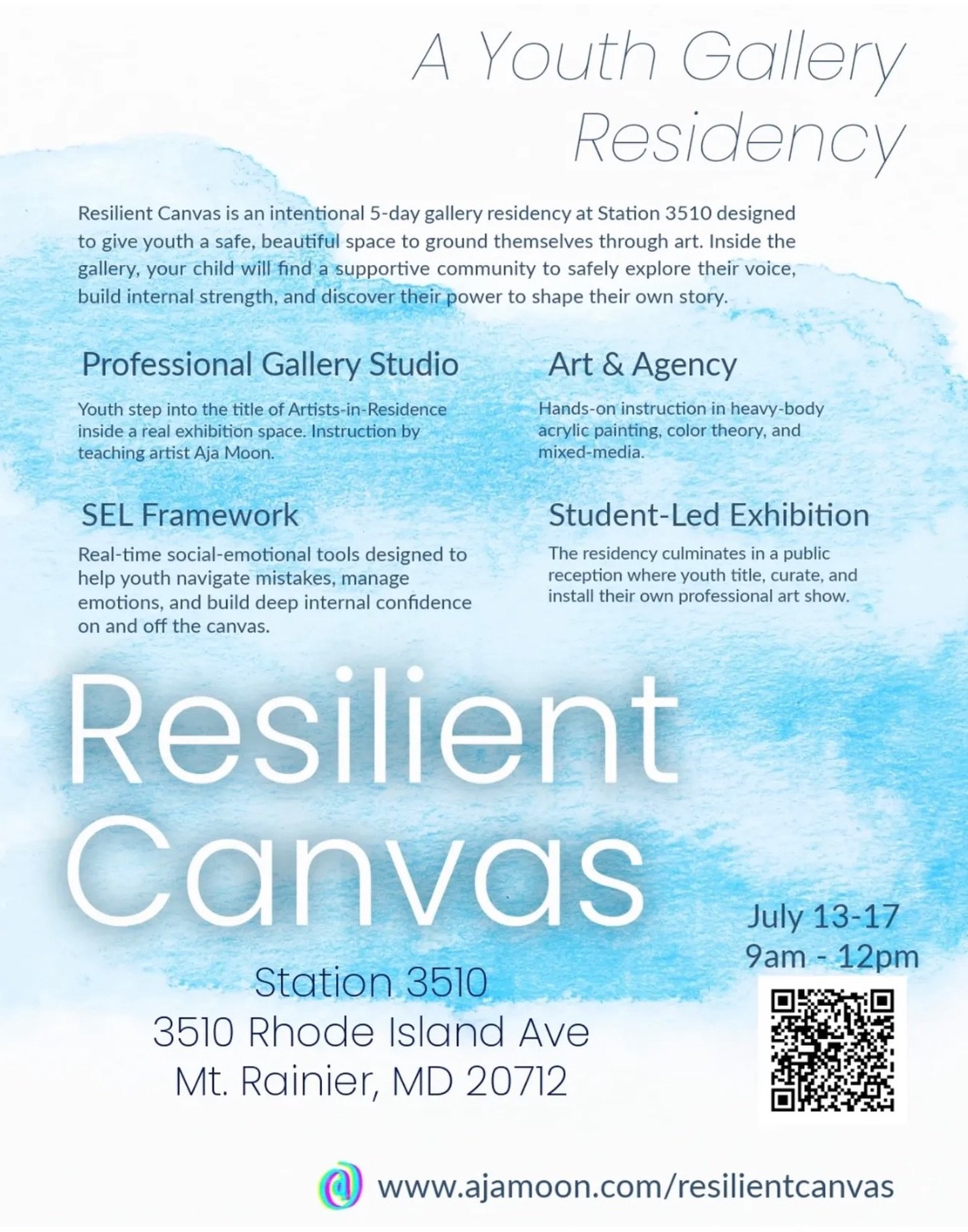 Registration for The Resilient Canvas Gallery Residency with @theajamooncollxn is officially OPEN!

Statement from the instructor:
Middle school is an era of immense personal and social transition. To give our youth ages 11-14 a safe, beautiful space