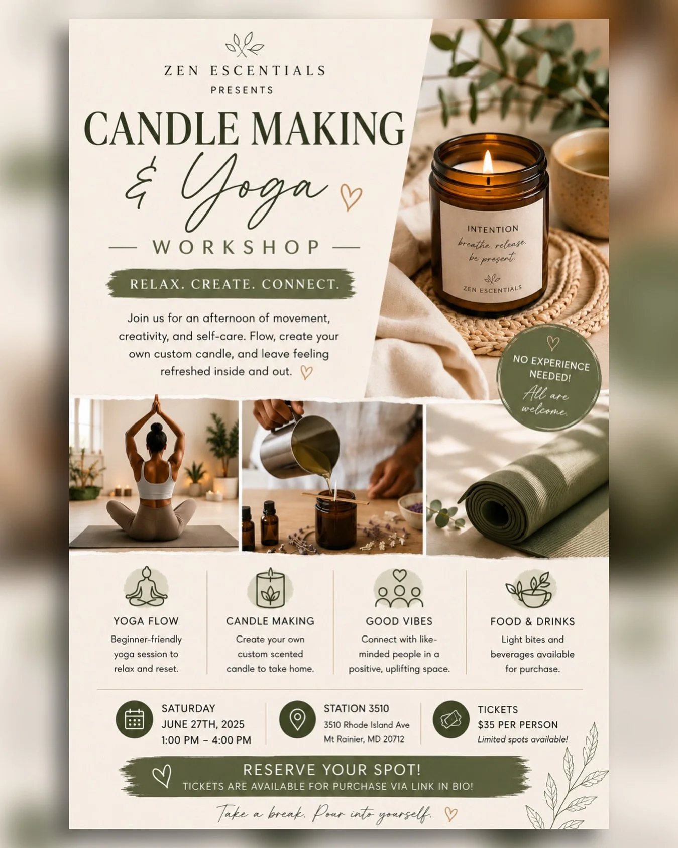 Chill out with @zenescentials on Saturday, June 27th at 1pm as you make your own candles and flow through a relaxing yoga session!

Join in person for a relaxing yoga and candle-making experience designed to help you unwind, recharge, and get creativ