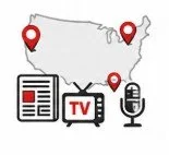 Icons representing a newspaper, TV, and microphone over a map of the United States with location markers