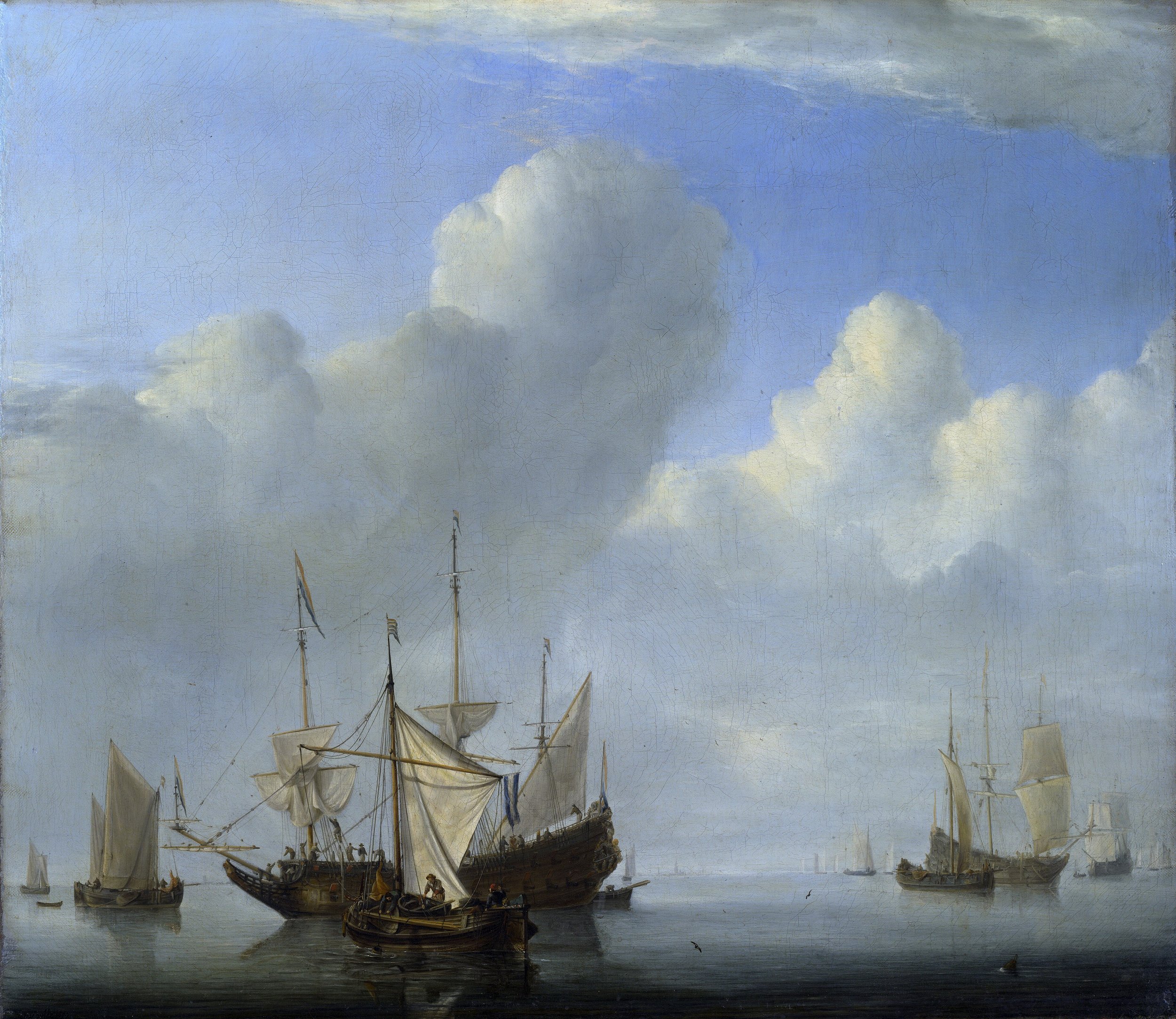 Willem van de Velde the Younger, Calm: A Dutch Ship Coming to Anchor: a Dutch ship lowers sail on a still sea while another vessel passes under towering clouds.