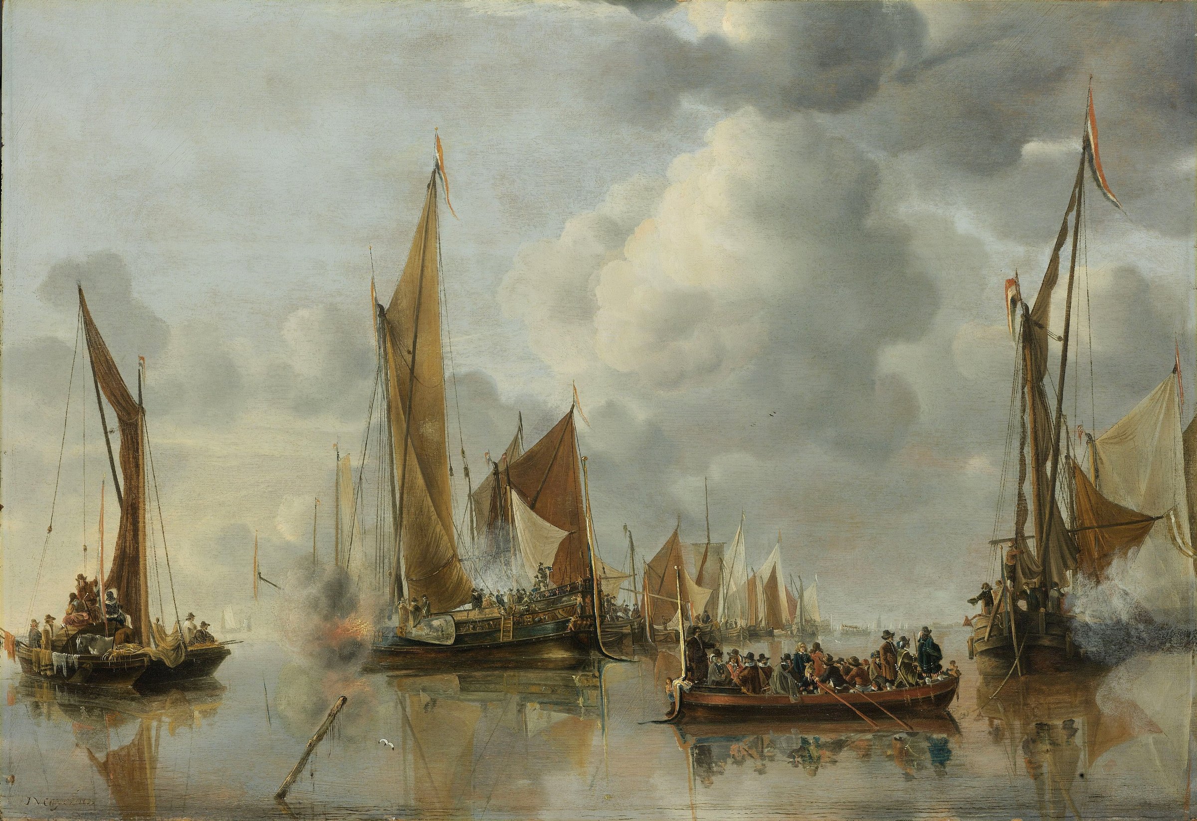 Jan van de Cappelle, The Home Fleet Saluting the State Barge: a Dutch fleet with slack sails fires salutes across a still harbor.