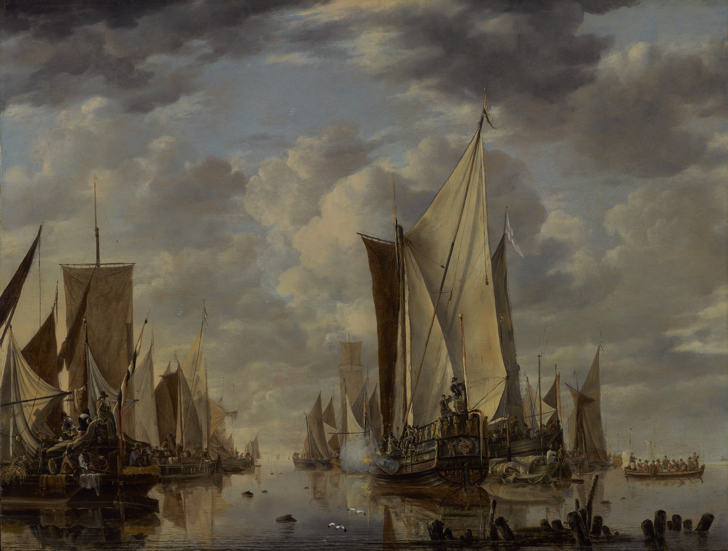 Jan van de Cappelle, Shipping in a Calm at Flushing: Dutch sailing ships and a yacht firing a salute on a glassy, windless sea.