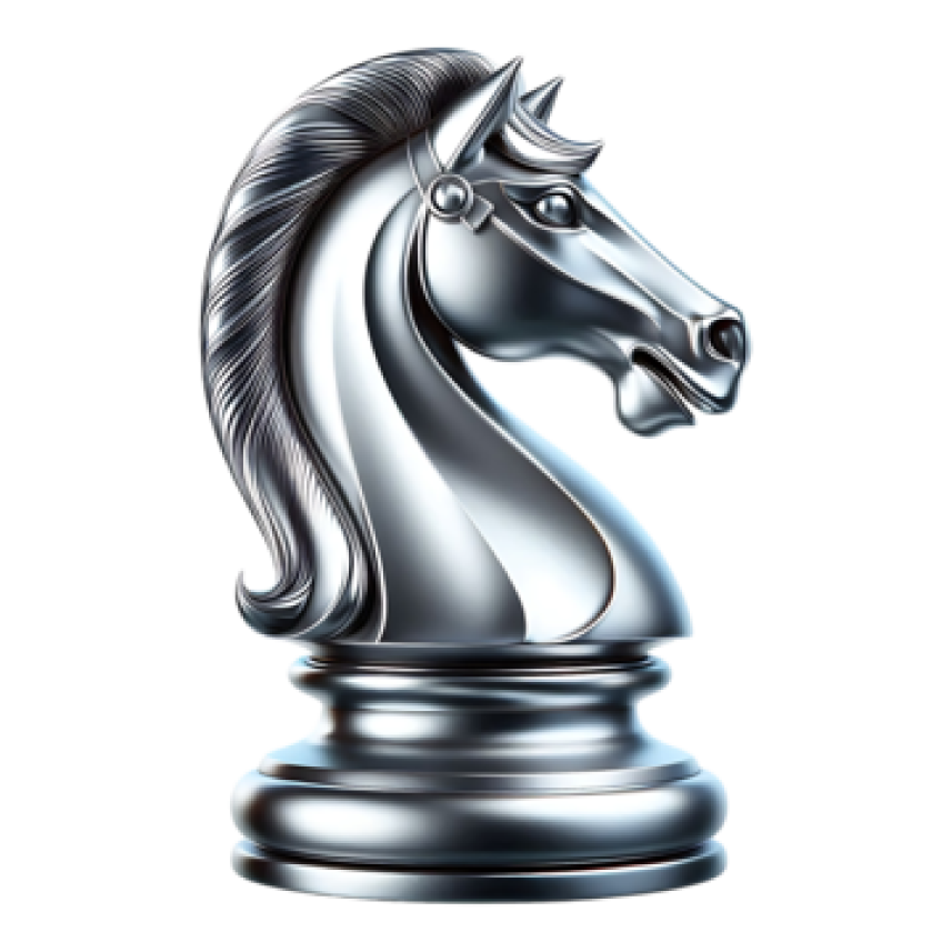 A metallic silver chess knight piece on a black background.