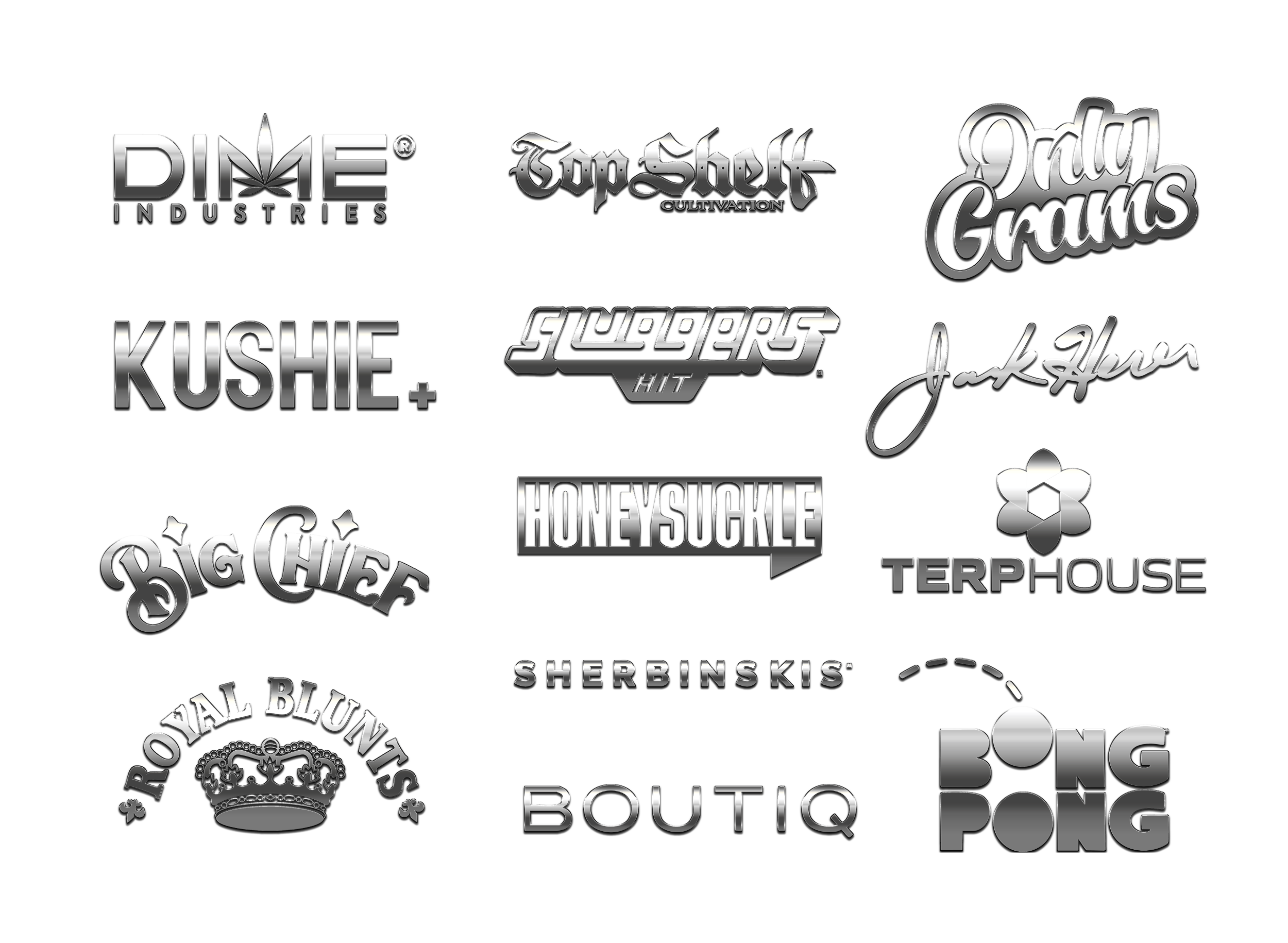 A collage of various logos of different brands and businesses in black and white, including DIME INDUSTRIES, Top Shelf CULTIVATION, Daily Grown, KUSHIE, SLUGGER HIT, Jack Flan, BIG CHEESE, HONEYSUCKLE, TERPHOUSE, SHERBINSKIS, ROYAL BOUNTIES, BOUTIQ, and BONG PONG.