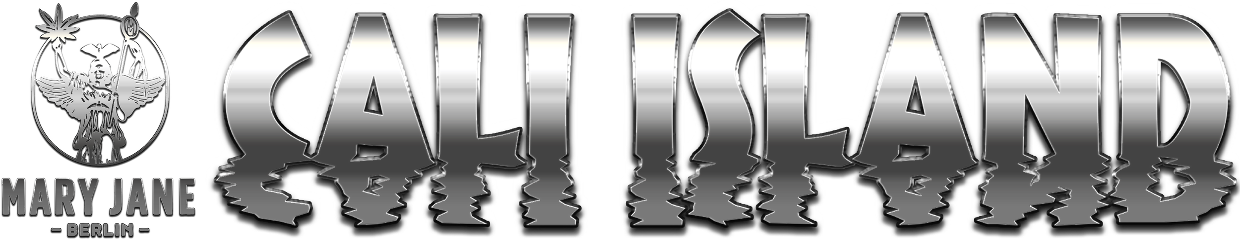 A metallic logo for 'California', featuring the word in large 3D letters with depth and metallic shine. To the left is a crest with an angel holding a torch, wings spread wide, underneath the words 'Mary Jane Berlin' in smaller font.