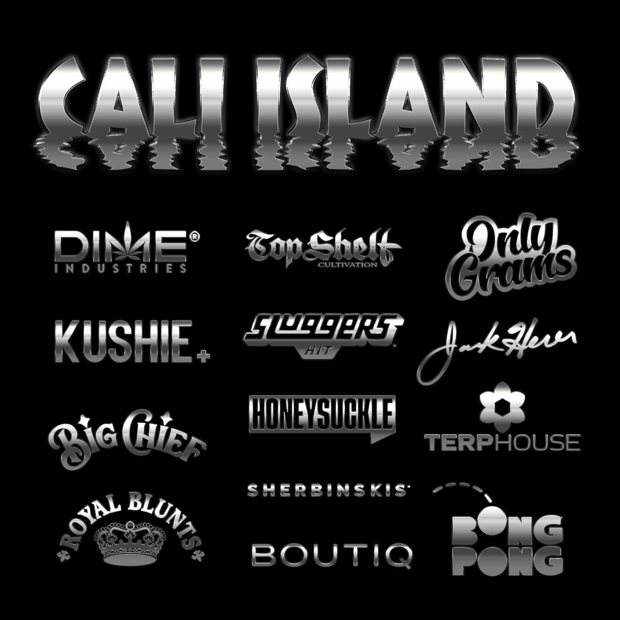 Collection of black and white logos for various cannabis brands and related businesses with different fonts and graphic styles.