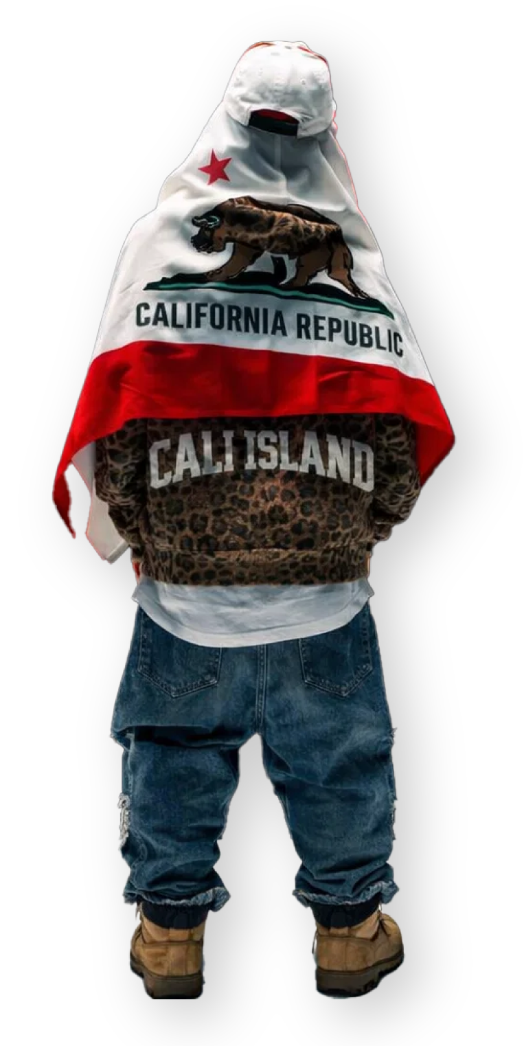 Person standing with a California Republic flag as a cape, wearing a leopard print hoodie, distressed jeans, and tan boots, against a black background.