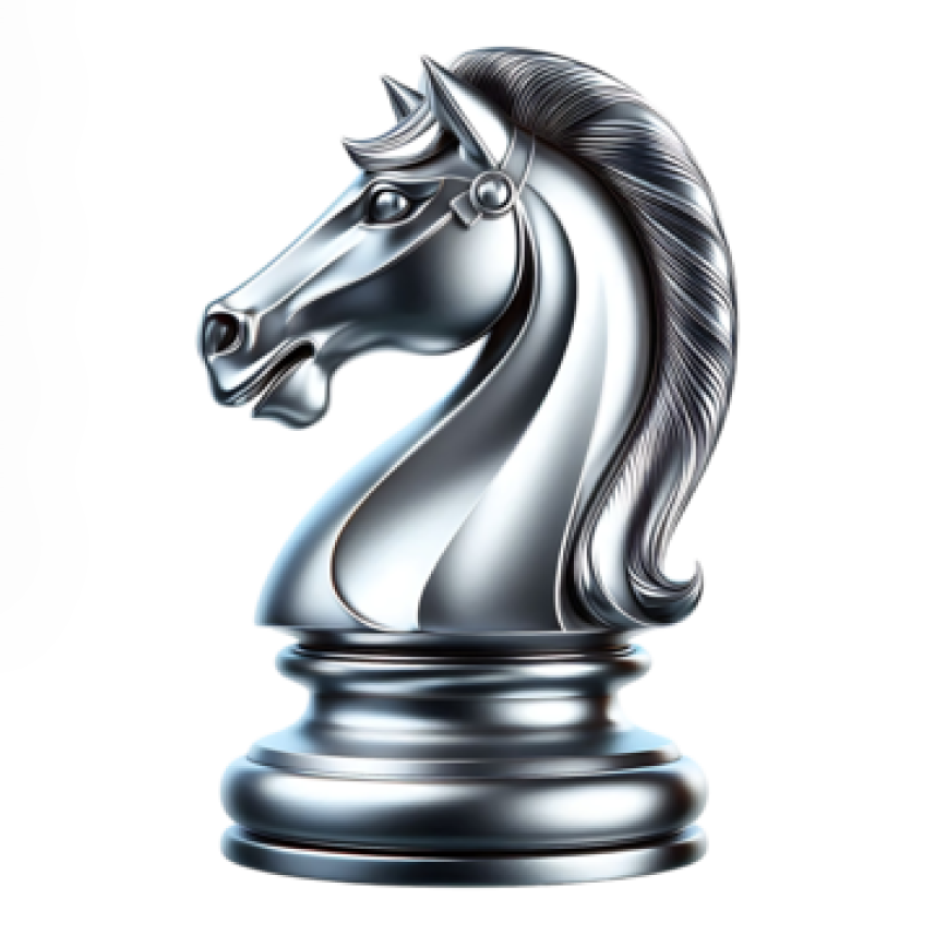 A silver knight chess piece with a detailed horse head design, showcasing a flowing mane and regal expression.