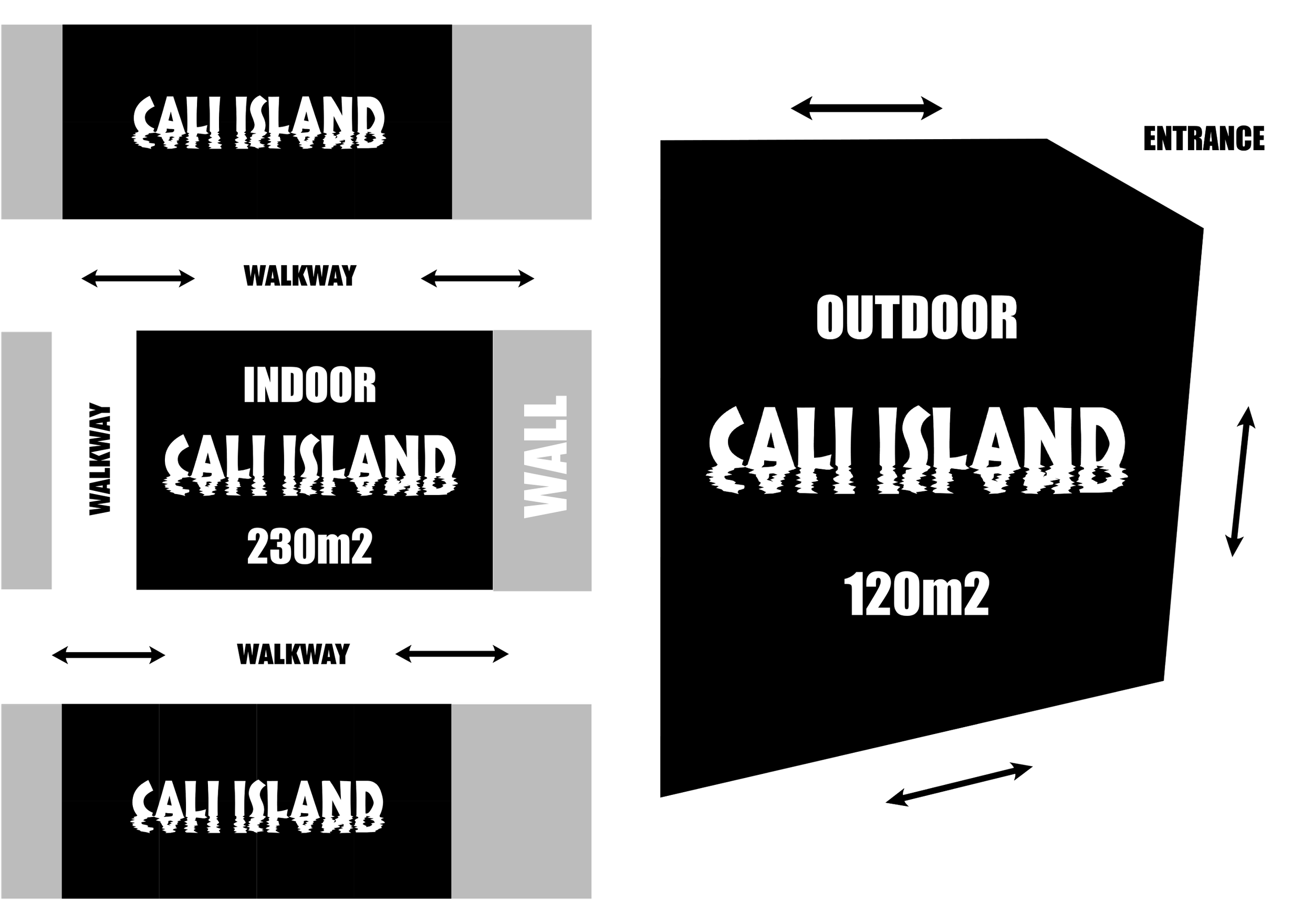 Layout plan of a property in Cali Island, showing indoor, outdoor, and wall areas with respective sizes of 230m2 and 120m2.