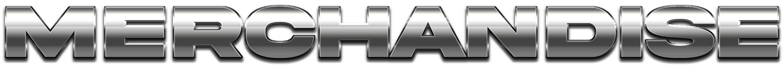 Stylized 3D metallic text spelling 'MERCHANDISE' with a shiny reflective surface.