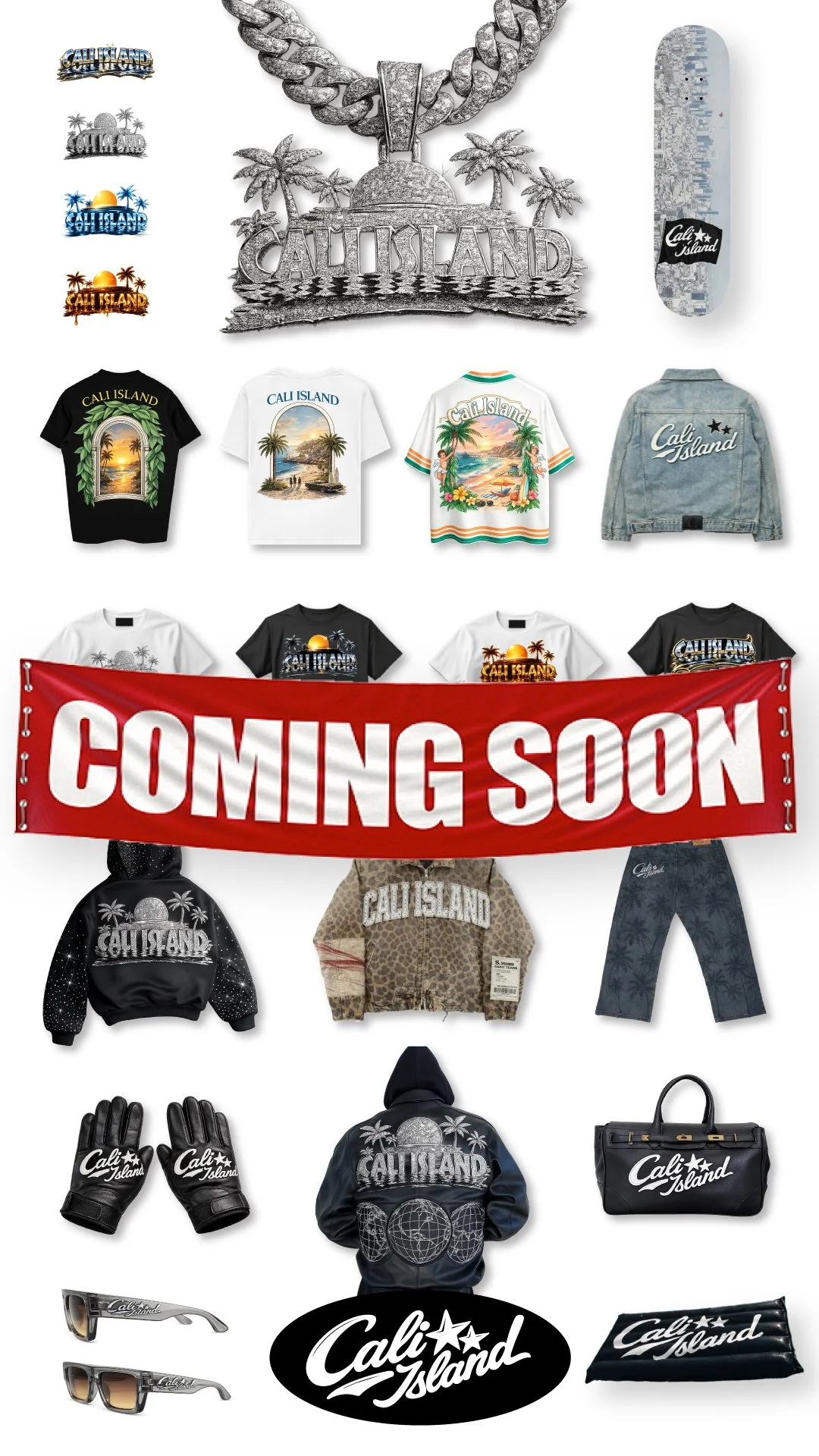 Collection of California Island themed merchandise including shirts, jackets, hats, gloves, glasses, and accessories, with a large "Coming Soon" banner.
