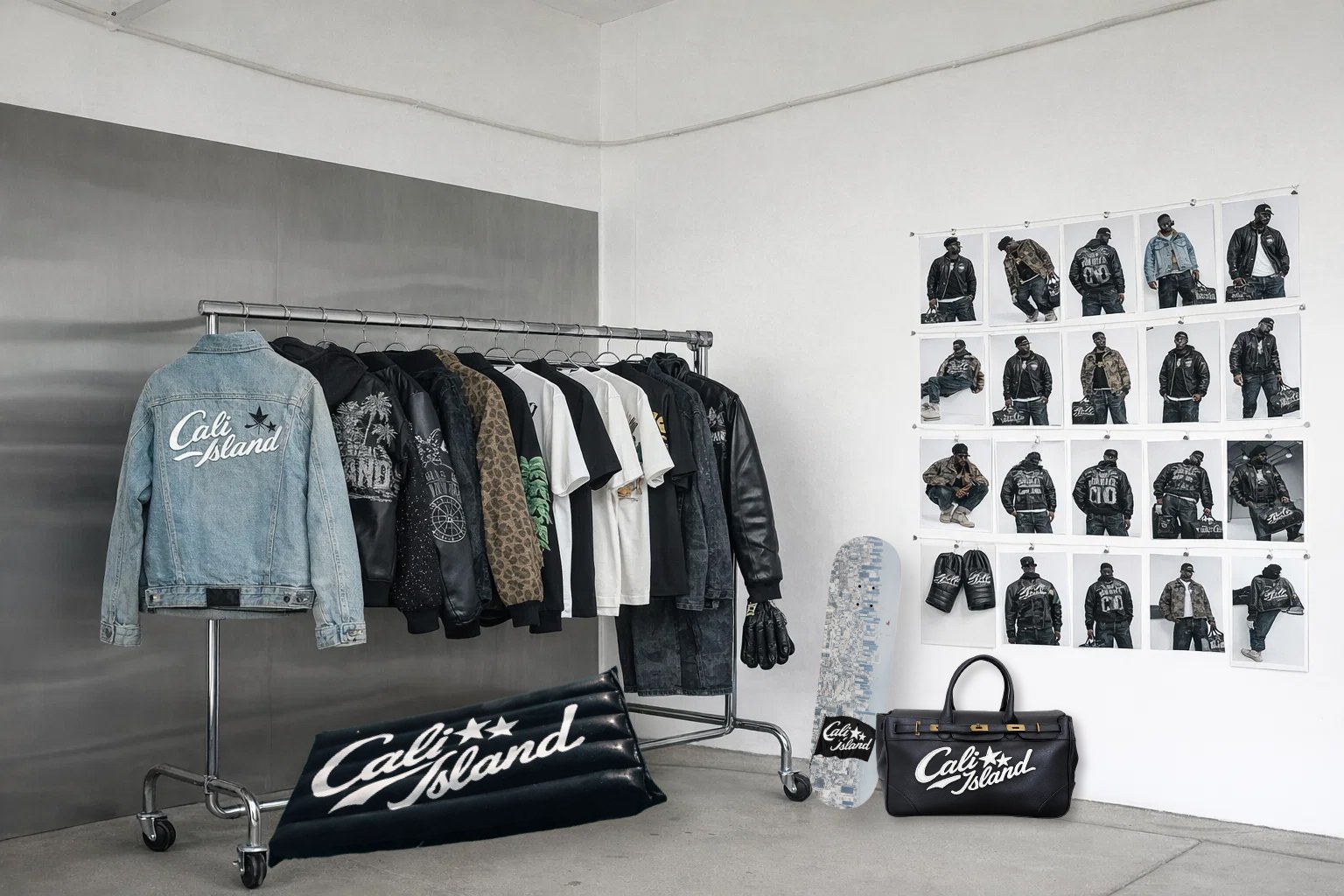 Fashion display with clothing rack featuring jackets and t-shirts, Cali Island branding on pillows and bags, skateboard, and a wall grid of photographs of a man in various poses.