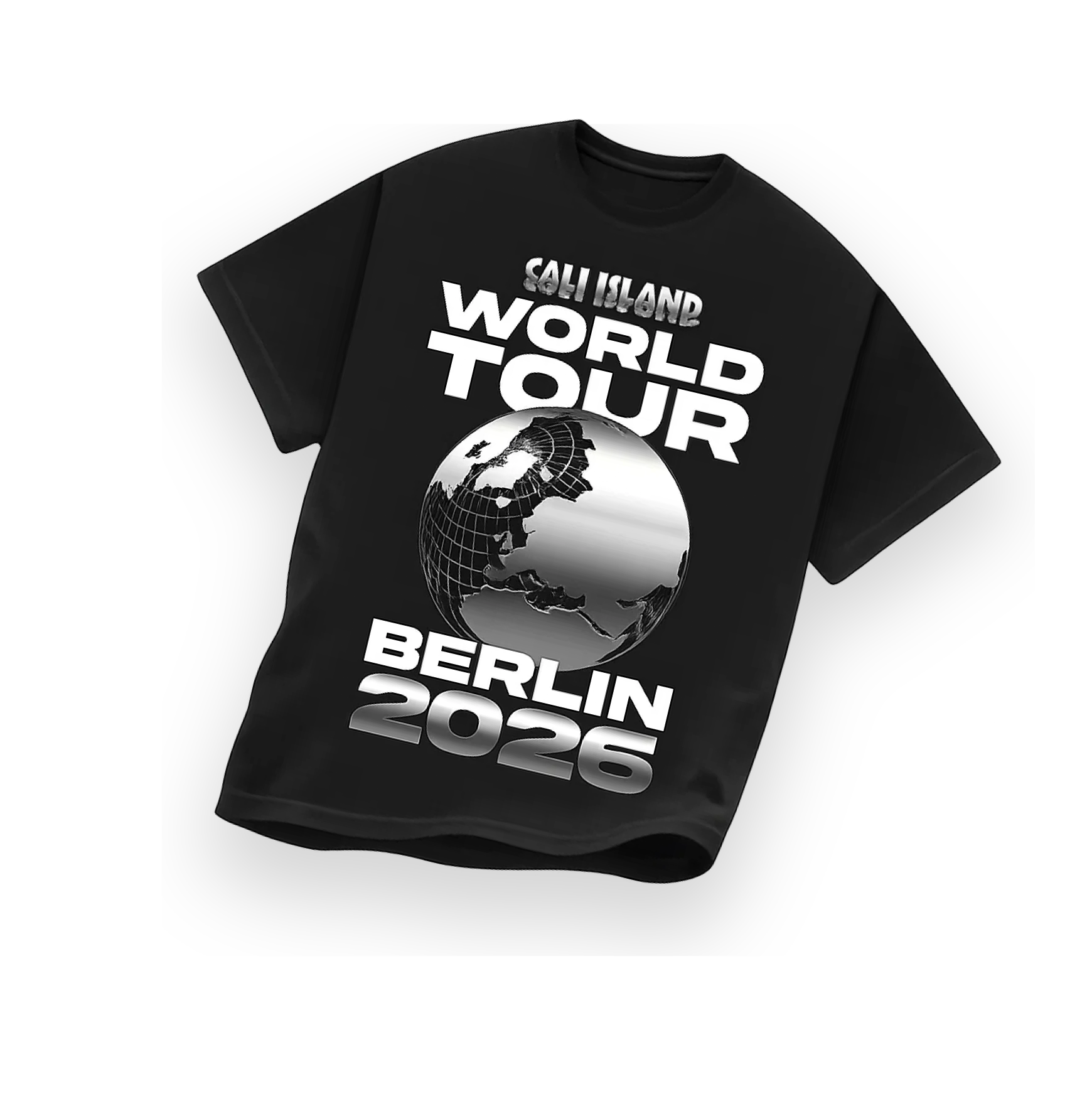 Black T-shirt with white text and graphics advertising the 2026 World Tour to Berlin, featuring a globe with a focus on Europe and Africa.