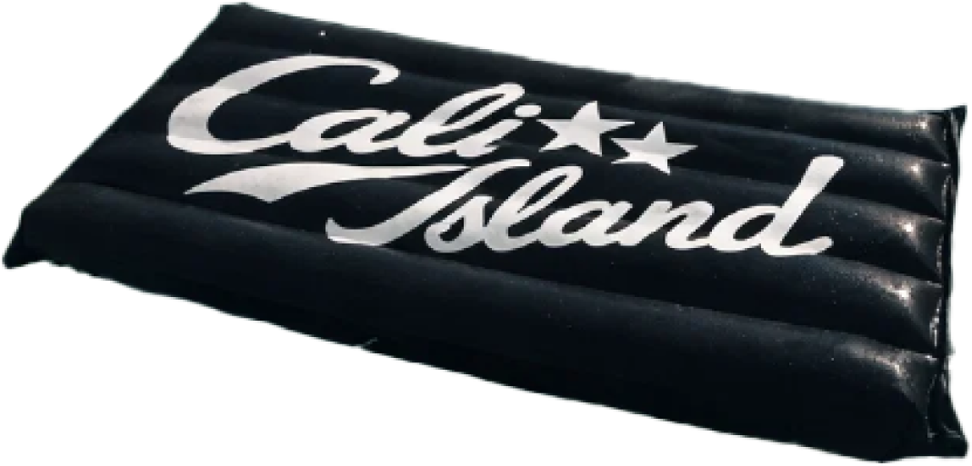 Black inflatable pool float with white text reading 'Calis Island' and star symbols