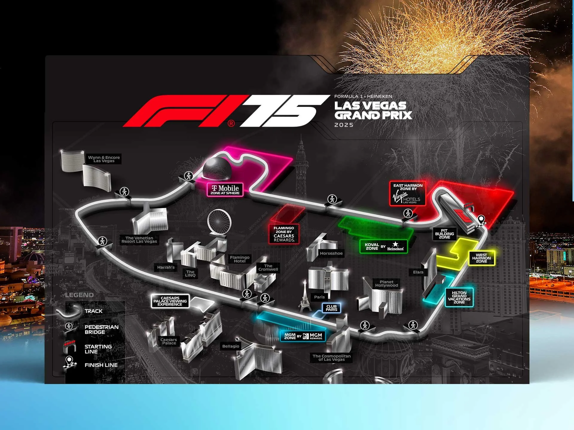 Map of the Las Vegas Grand Prix 2025 race track, showing track layout, zones, and key landmarks with labels and colored zones for various event areas.
