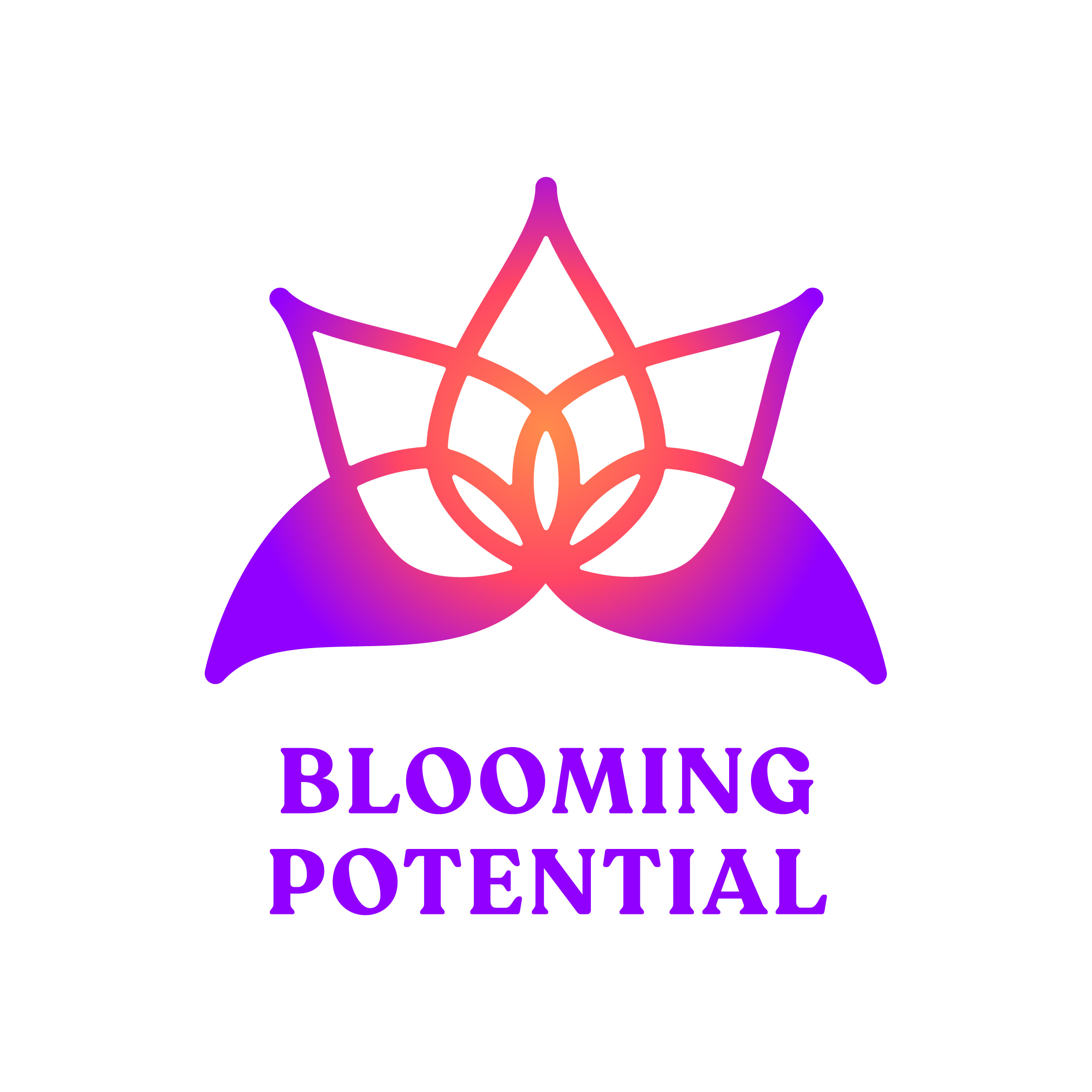 Gradient lotus logo in pink and purple on white background with text "Blooming Potential" beneath. Calm and inspiring mood.