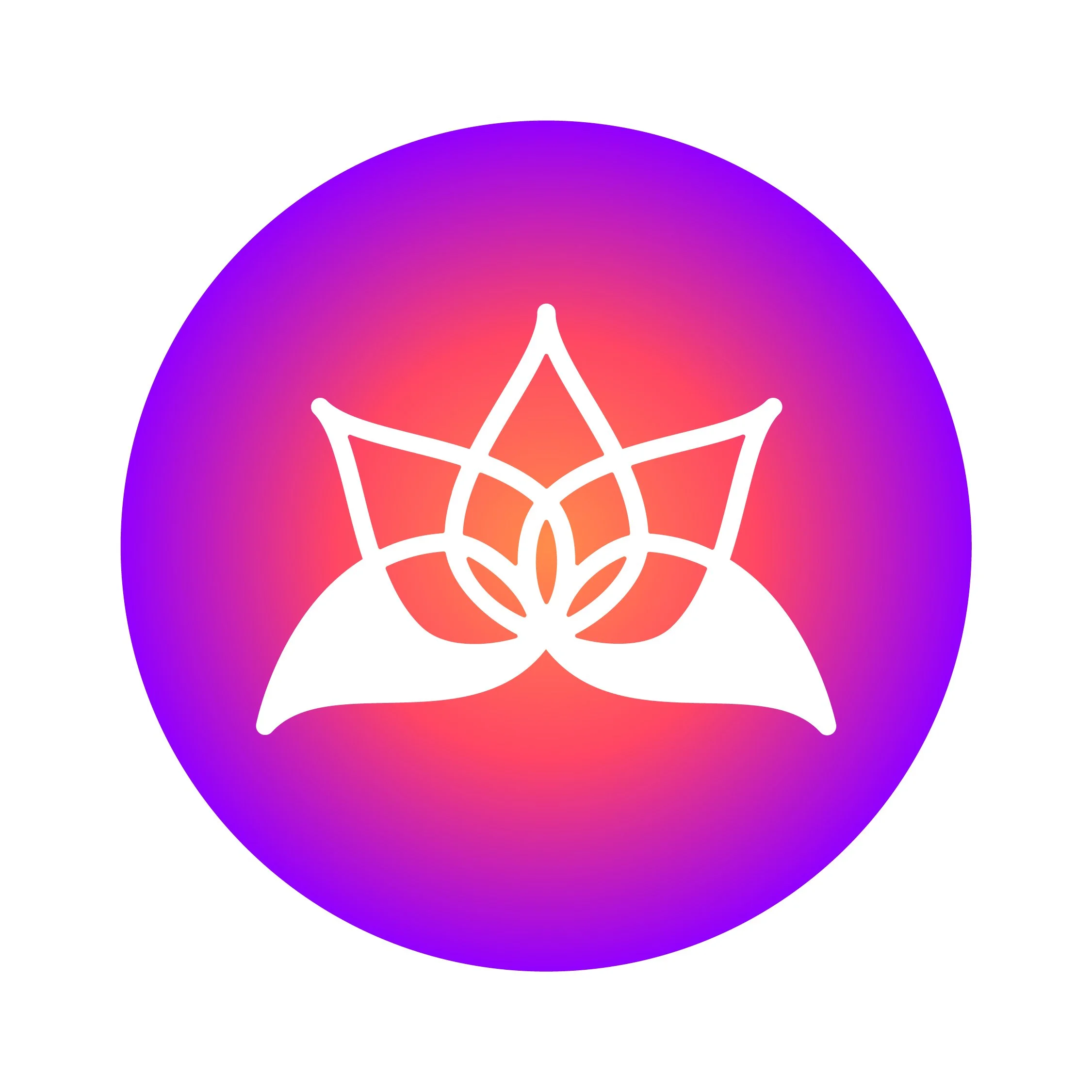 A stylized white lotus flower logo with overlapping petals on a circular gradient background transitioning from purple to pink to orange.