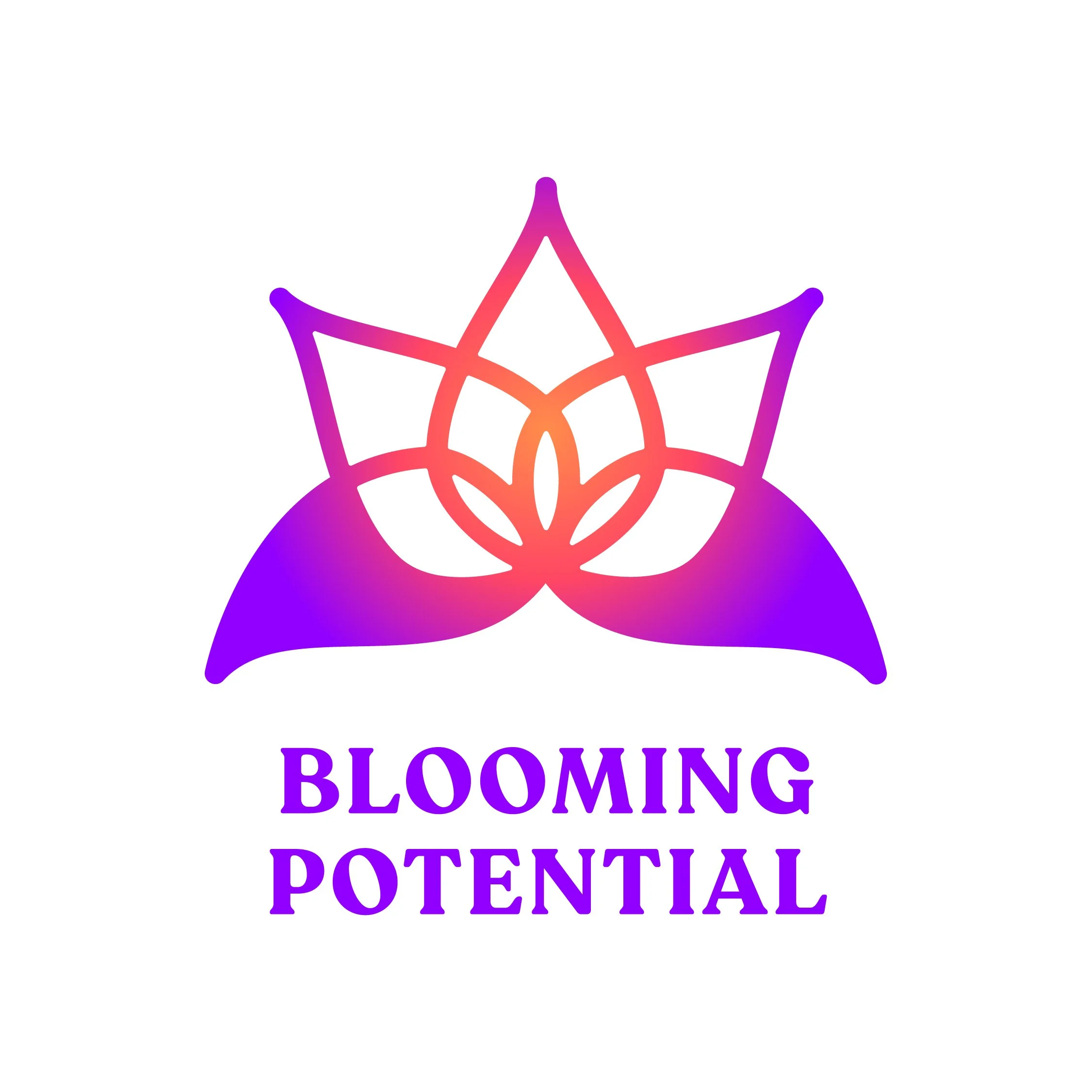 A stylized white lotus flower logo with overlapping petals on a circular gradient background transitioning from purple to pink to orange.
