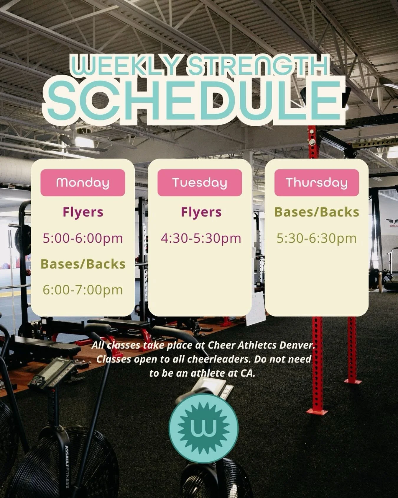 Our current weekly class schedule!

These classes are thoughtfully designed and programmed to help improve flyers, bases, backs and tumblers improve their skills and avoid injuries. 

The first 40-45 minutes are spent warming up, in the weight room, 